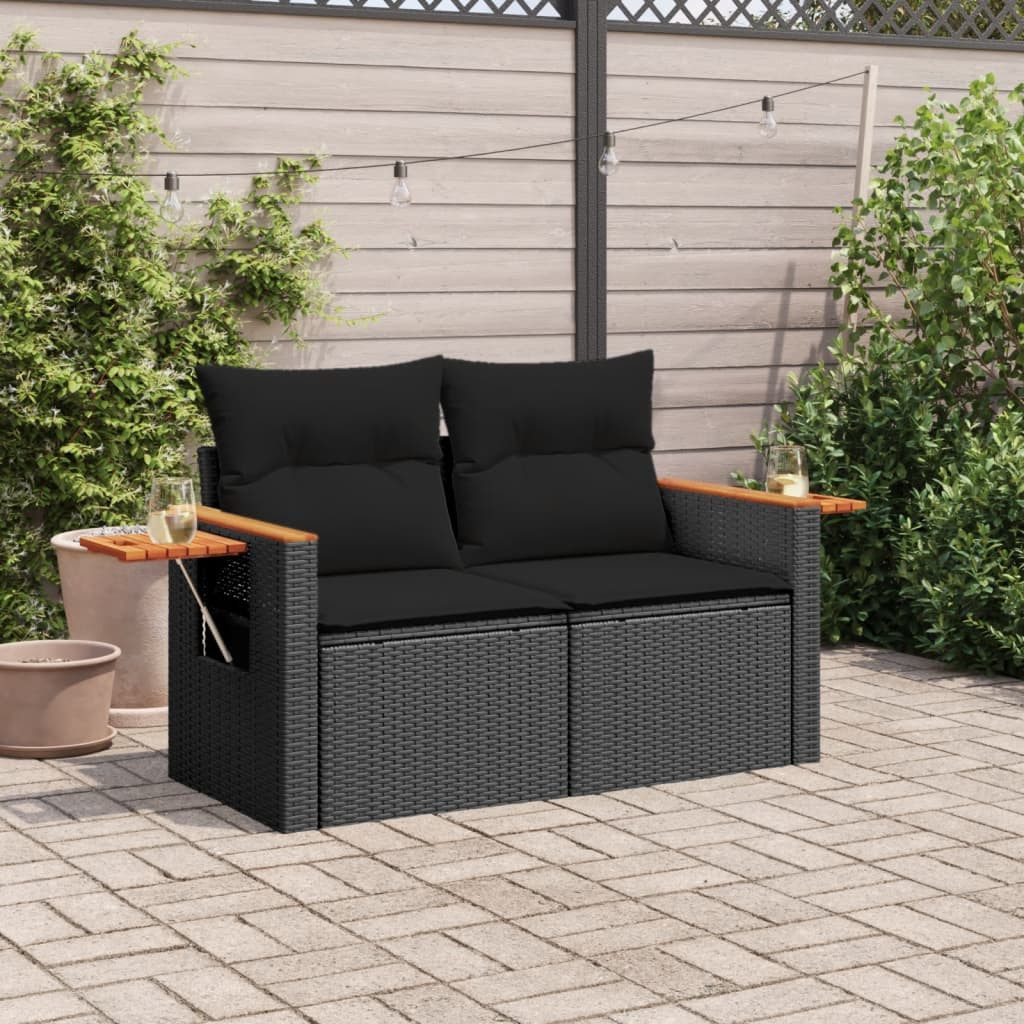 vidaXL Loungesofa Gartensofa mit Kissen 2-Sitzer Schwarz Poly Rattan, 1 Teile – Bild 3 von 5