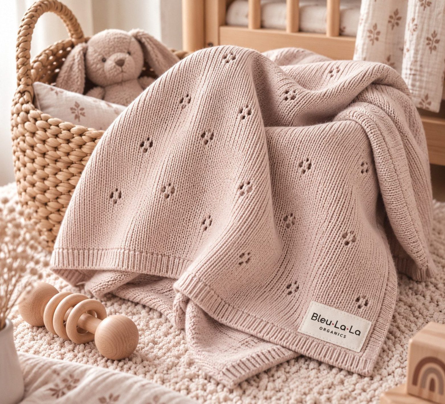 Babydecke Bleu La La Babydecke gestrickt mit Lochmuster Pointelle Knit 91x81cm, TSE, 100 % Bio-Baumwolle - Atmungsaktiv – Bild 2 von 5