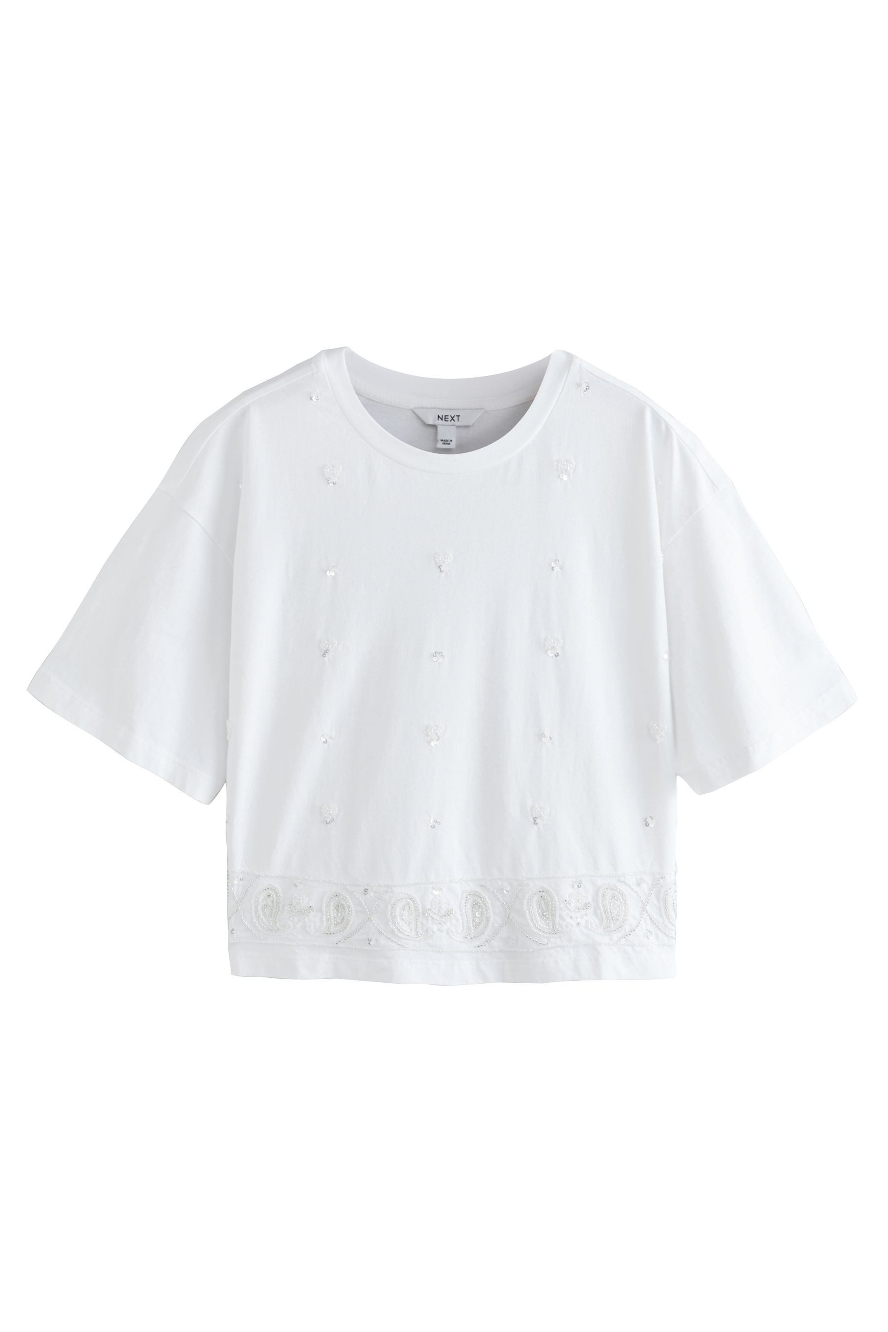 T-Shirt Verziertes Kurzarm-T-Shirt mit Rundhalsausschnitt