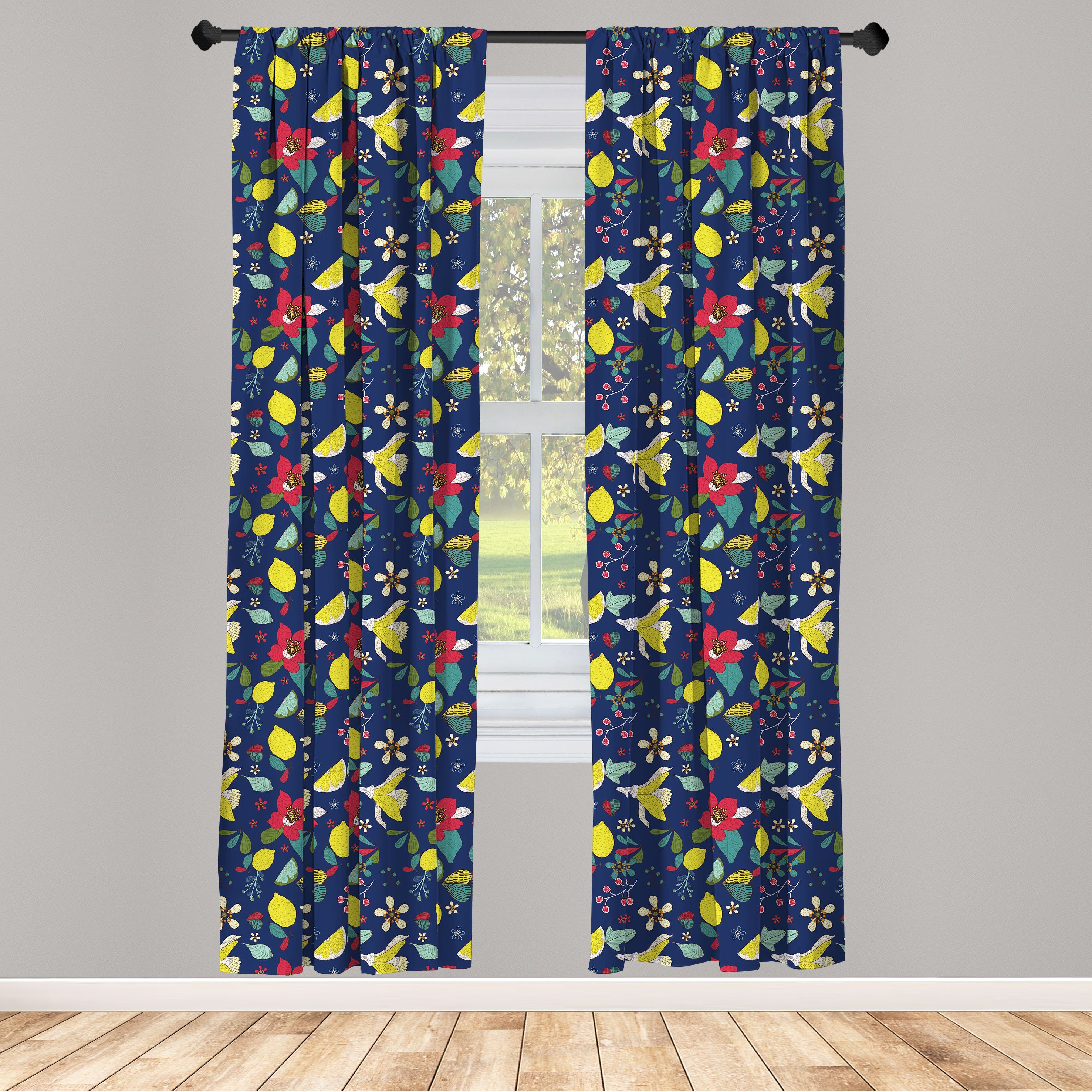 Gardine Vorhang für Wohnzimmer Dekor, Blossom Lemon Microfaser, Berry Abakuhaus, Blumen Schlafzimmer Dunkle