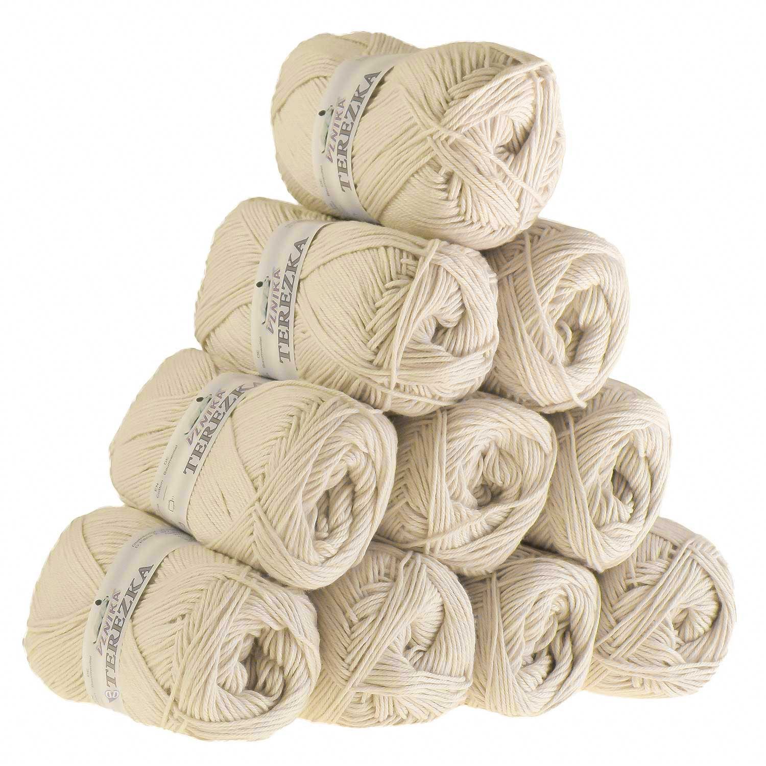 VLNIKA 10 x 50g Strickgarn TEREZKA 100% Baumwolle Baumwollgarn Häkelgarn Häkelwolle, 155 m (Sparpaket 10 x 50g), naturweiß