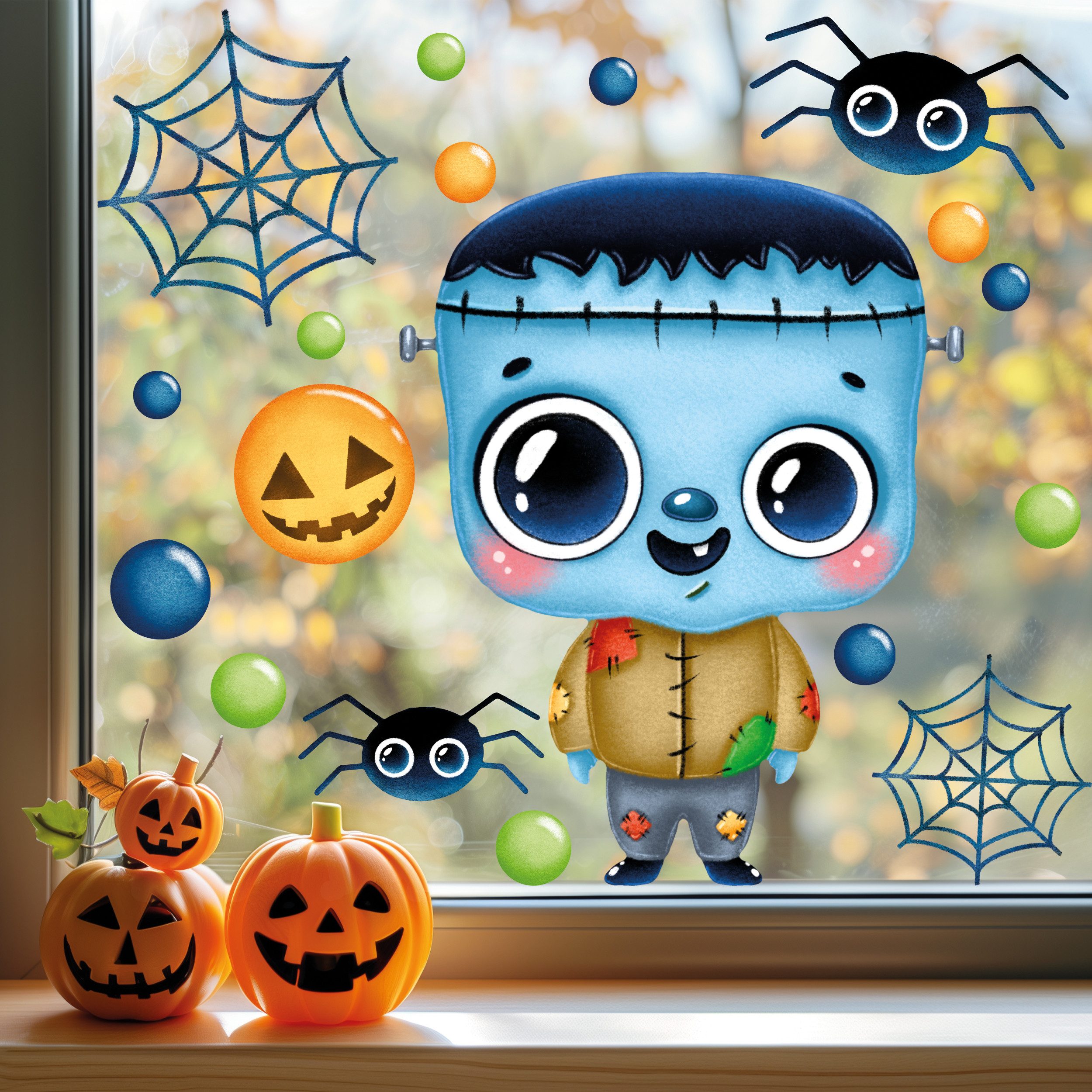 Sunnywall Fensterbild Fensterbild wiederverwendbare Fensterbilder Halloween Frankenstein, wiederverwendbar, statisch haftend, beidseitiger Druck, nachhaltig
