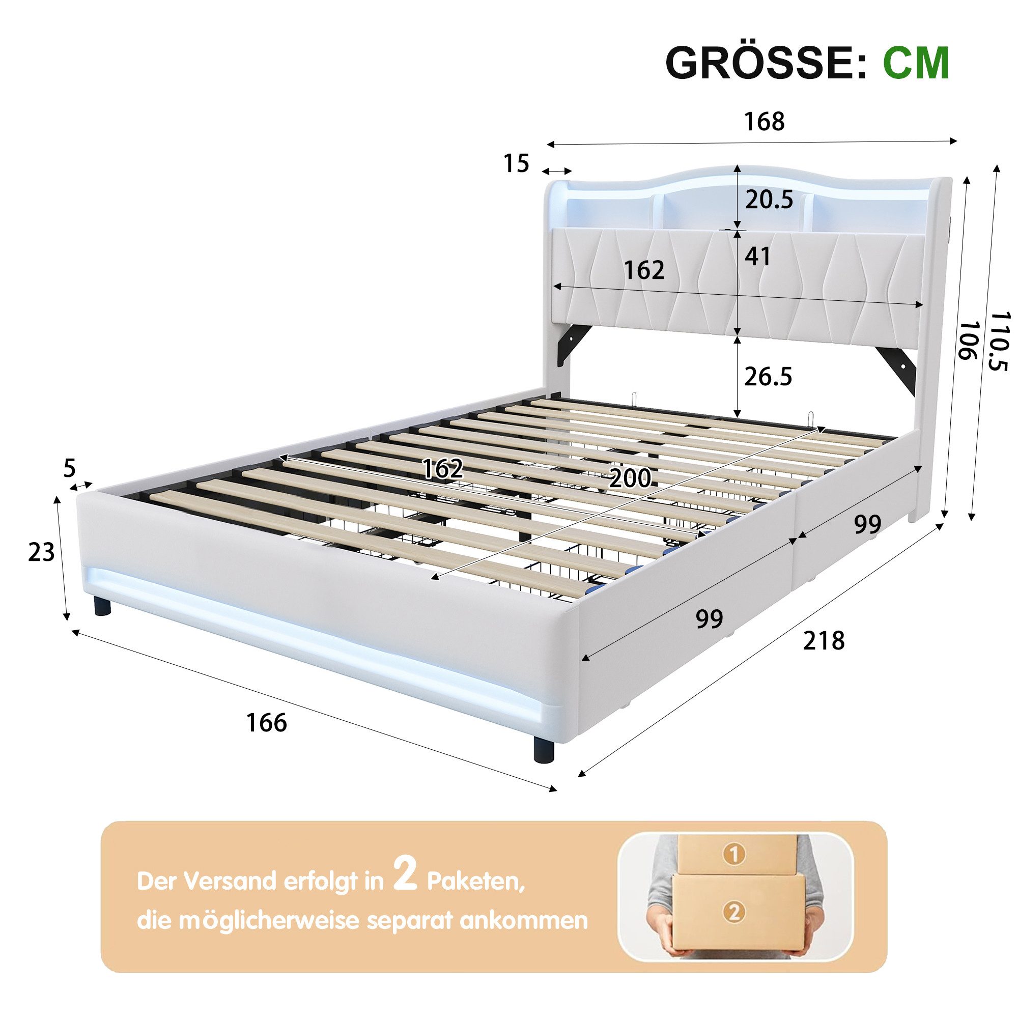 Simurq Polsterbett 160x200cm LED USB Stauraum Samt Grau (USB-Ladeanschluss), LED,USB,Stauraum,Samt,Beige,Lattenrost – Bild 4 von 5
