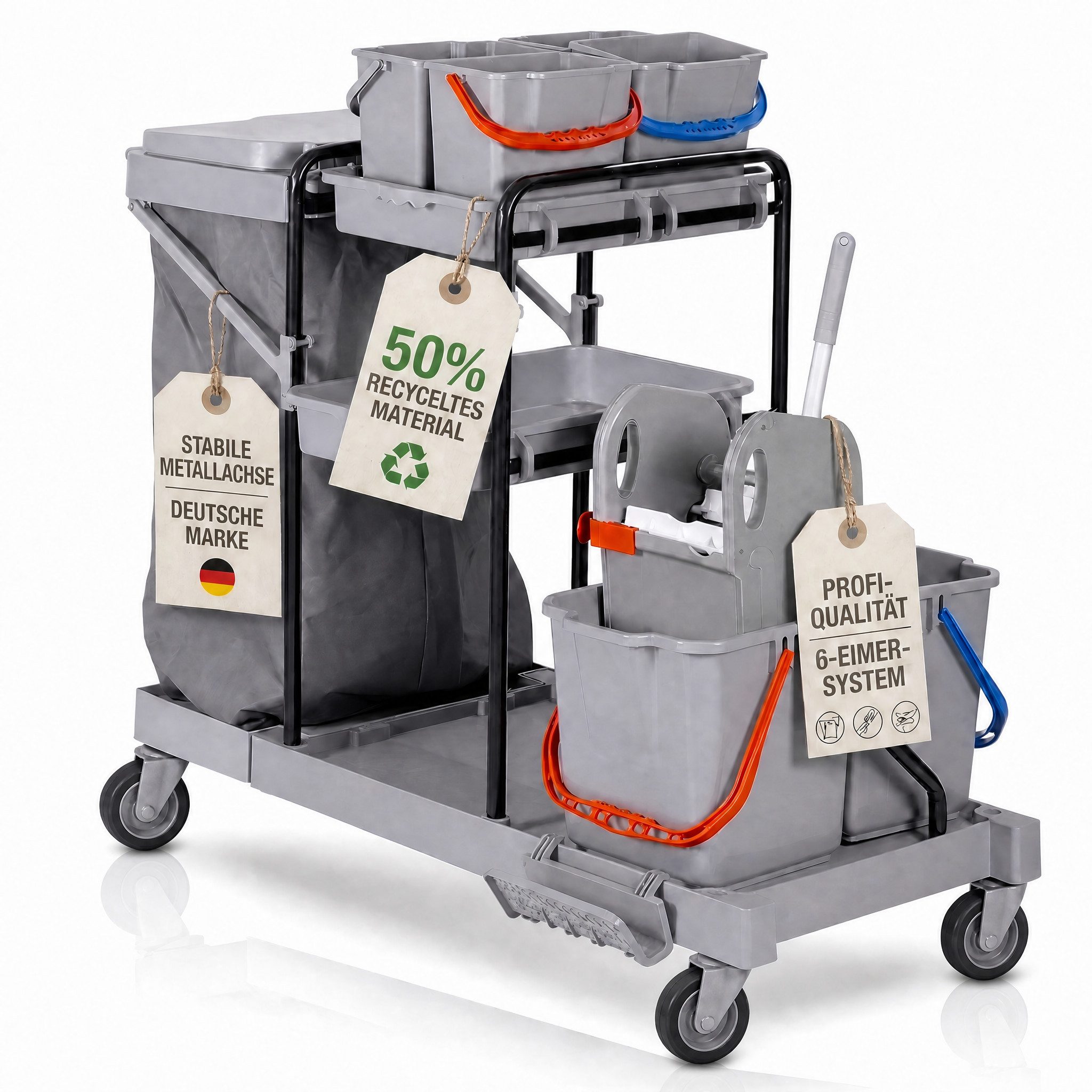 Putzwagen Profi-Reinigungswagen 2x18L + 4x6L Eimer, Mopp-Presse, leise Rollen
