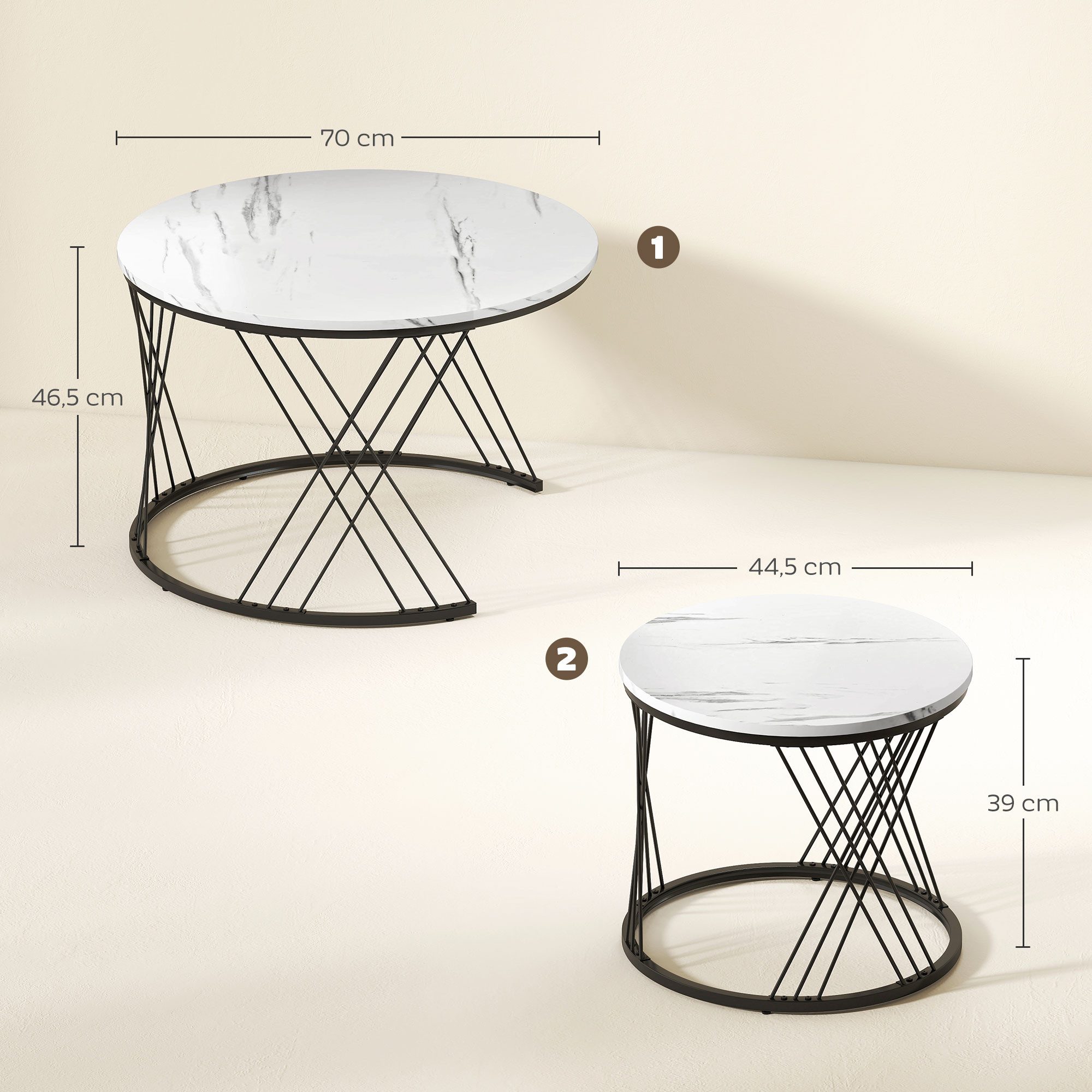HOMCOM Couchtisch rund 2er Set Beistelltisch mit Marmoroptik, Metallrahmen (Wohnzimmertisch, 2-St., Satztisch), Kaffeetisch für Wohnzimmer Schlafzimmer Weiß