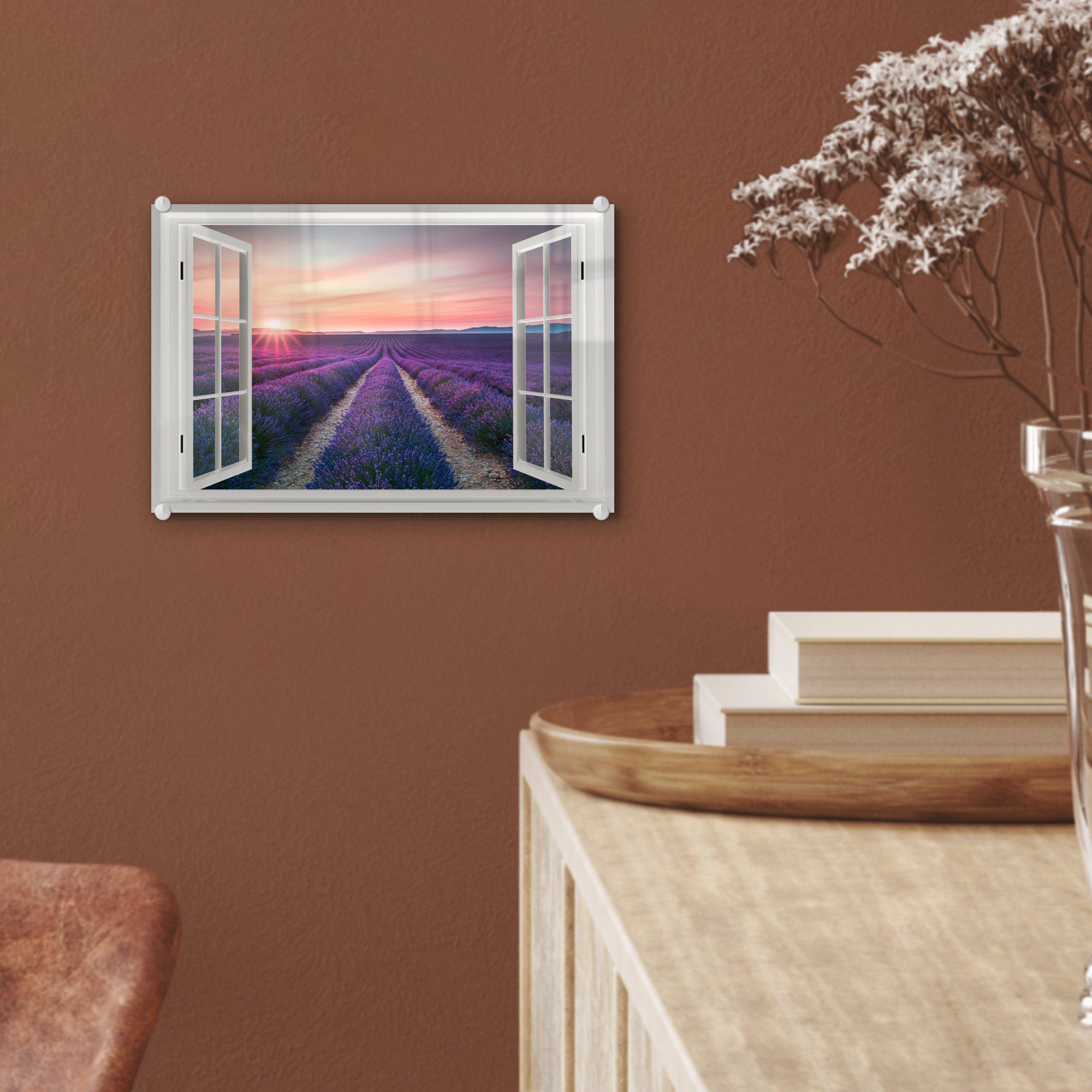 Glasbilder Vista auf Lavendel, Sonnenuntergang - Glas - Wandbild St), Wanddekoration - Acrylglasbild - Foto (1 Bilder MuchoWow Glas auf -