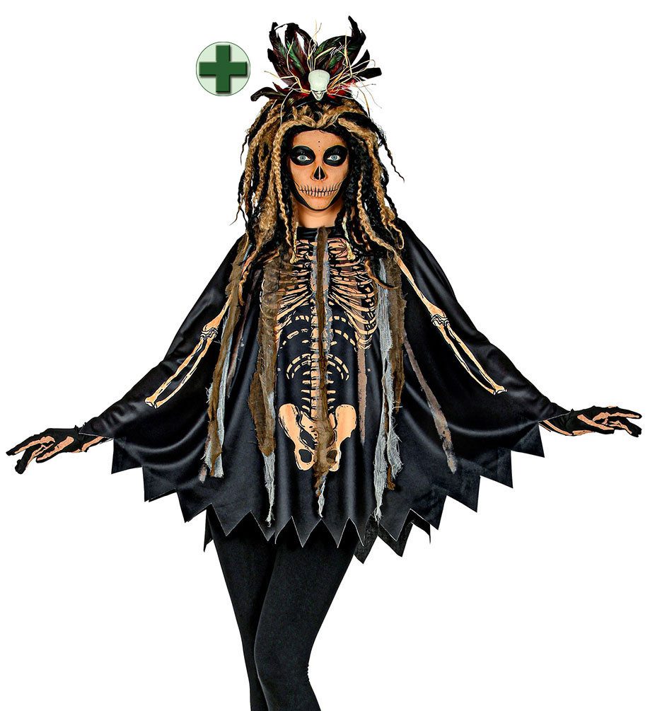 Karneval-Klamotten Kostüm Voodoo Poncho Damen gruselig m Totenkopf Haarreif, Halloween Frauenkostüm mit Skelett Aufdruck Karneval Fasching