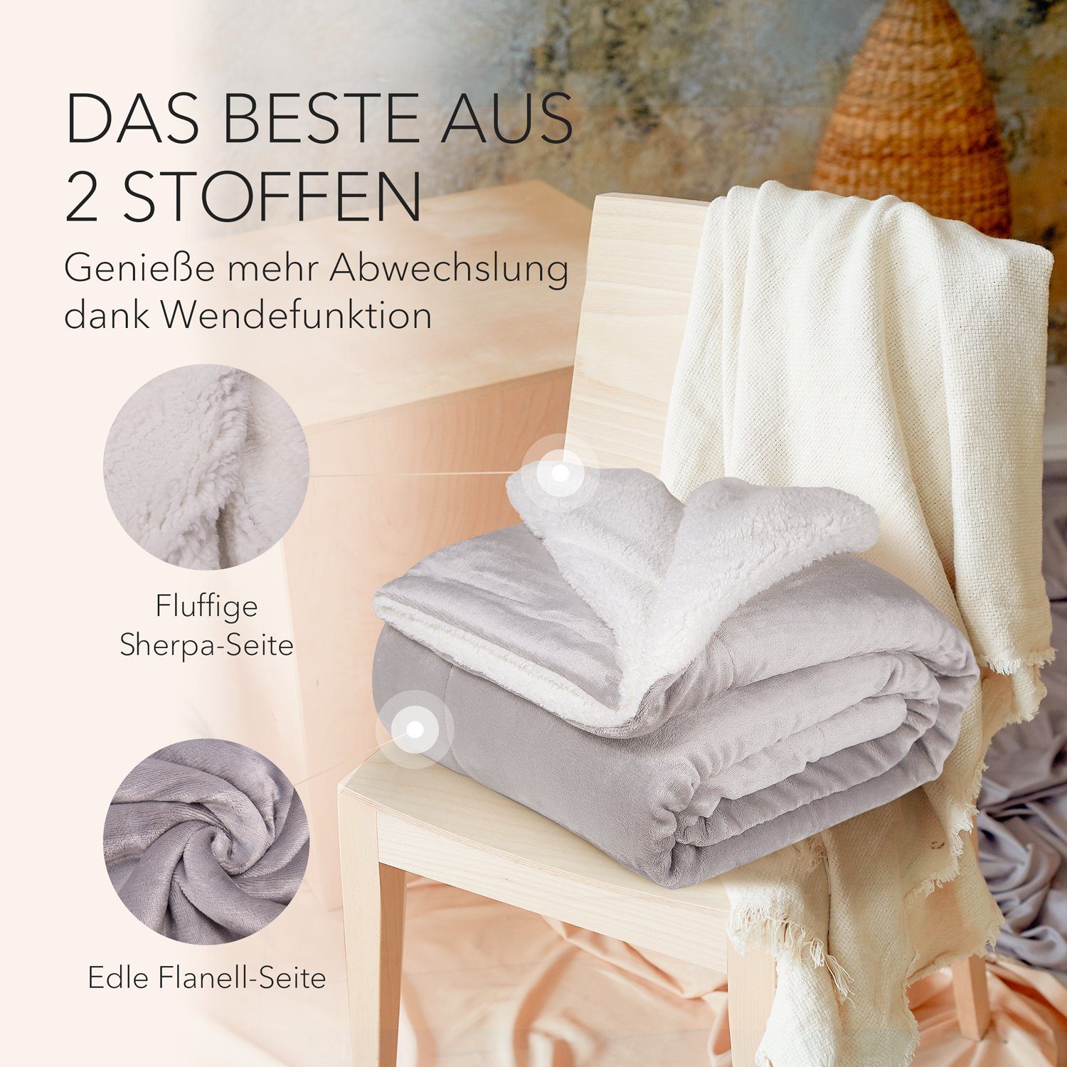 Wohndecke Kuscheldecke XL warm Sherpa, dicke Sofadecke, hochwertige Tagesdecke, Cozyor, 150x200 cm Plüschdecke hellgrau Moonlight, Wohnzimmerdecke Sherpadecke