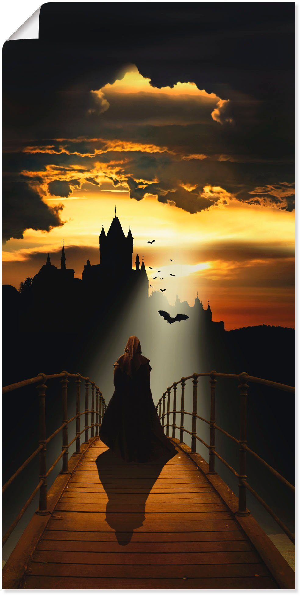 dem Der Fantasy versch. Artland Wandbild Weg Alubild, oder Dark Wandaufkleber Poster Mönch Burg, auf in Leinwandbild, zur (1 als St), Größen