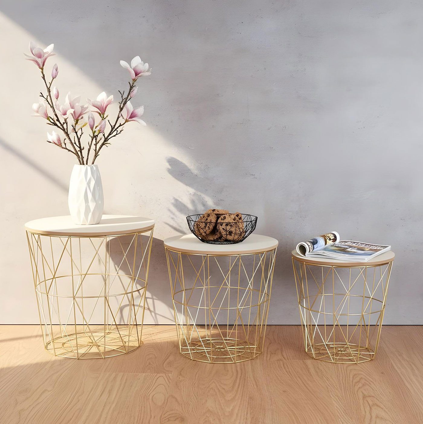 Levandeo® Couchtisch, Metalltisch 3er Set Beistelltisch 3tlg Metall Gold Natur Aufbewahrung