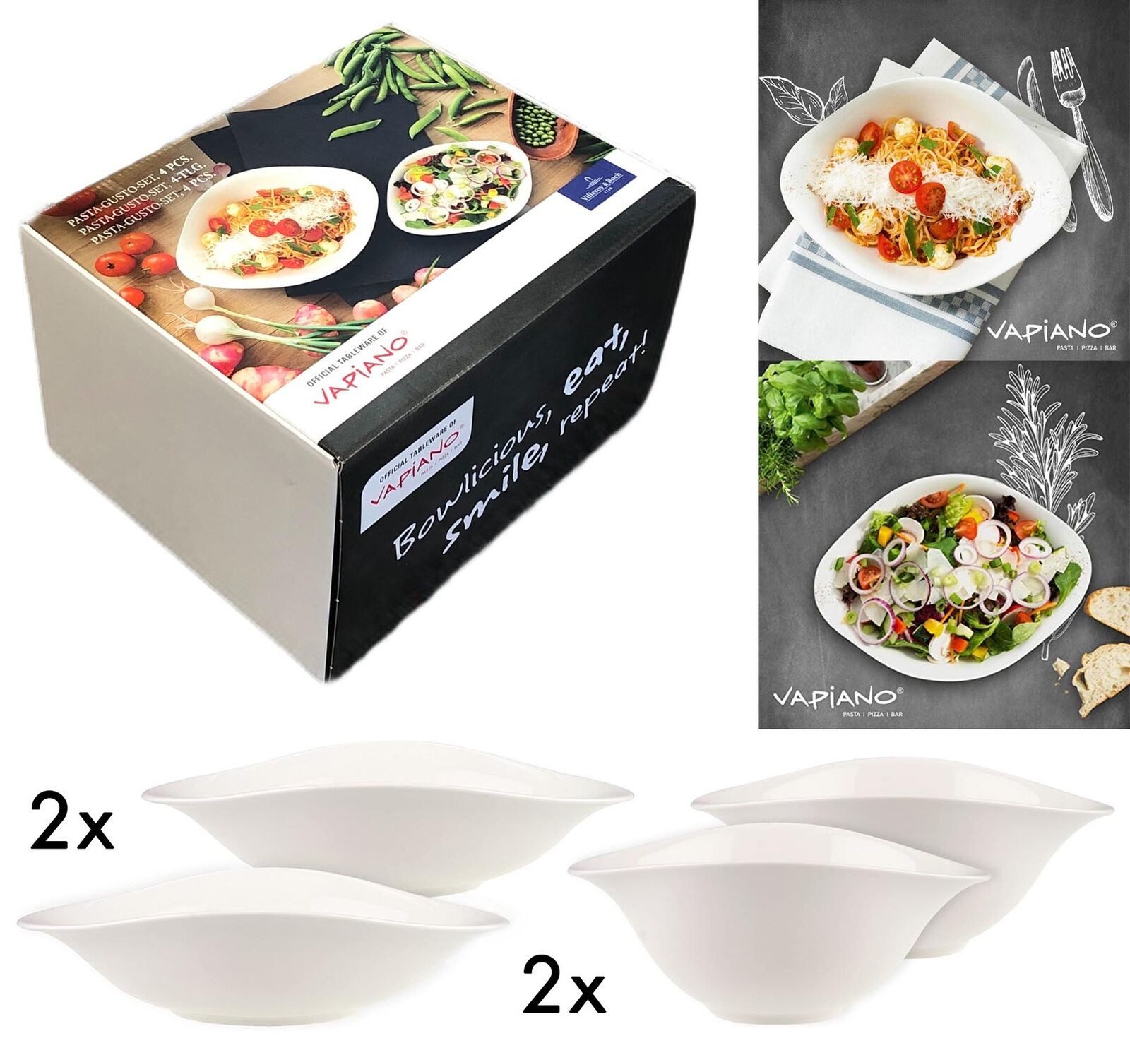 Villeroy & Boch Teller Villeroy & Boch Pasta-Set Vapiano oval weiß Premium-Porzellan 4-teilig, (1 St), Stoß- und Schlagfeste Kanten