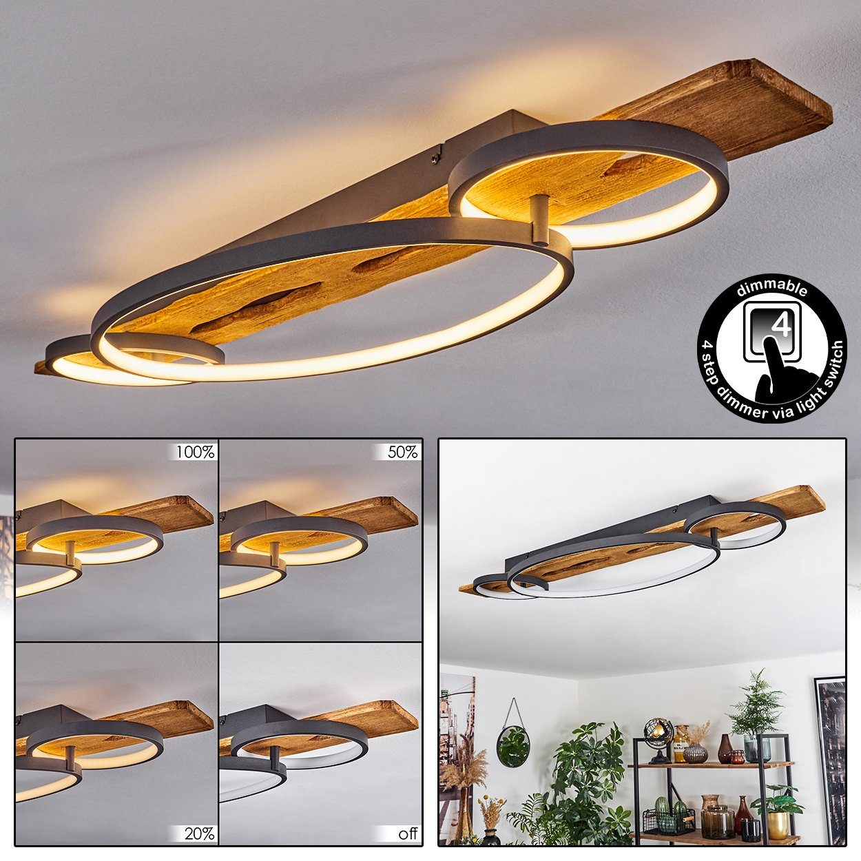 in 40 Metall/Holz/Kunststoff Deckenlampe wechselbar, Anthazit/Natur/Weiß, LED Kelvin, dimmbar hofstein Watt über Deckenleuchte Lumen, aus Lichtschalter, 4600 LED 3000