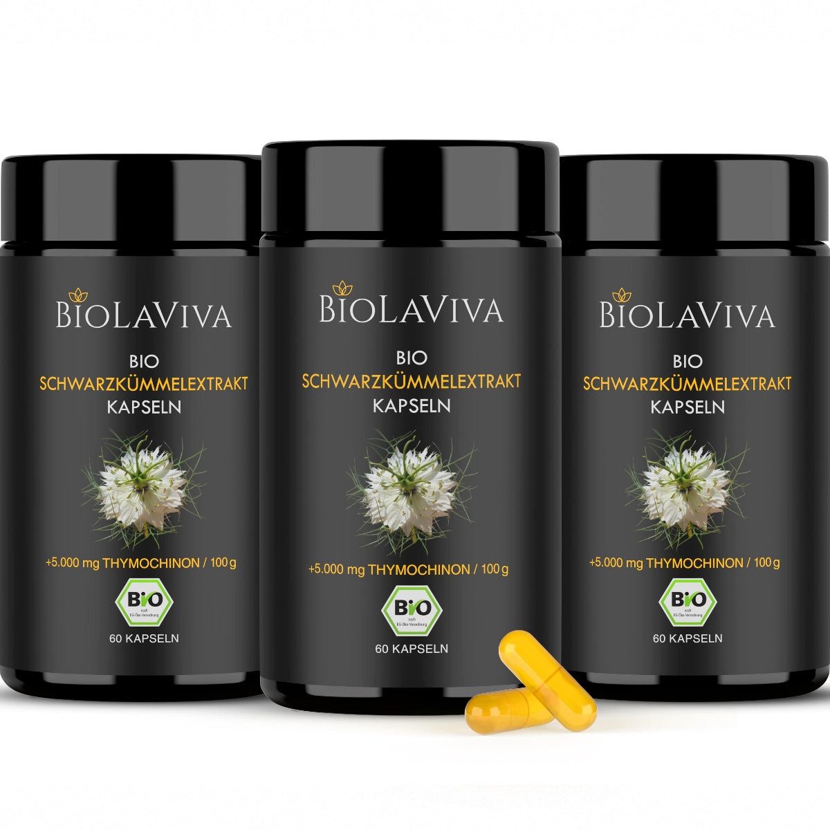 BIOLAVIVA 3x Bio Schwarzkümmelöl Kapseln - hochdosiert - 5% Thymochinon - Kapseln