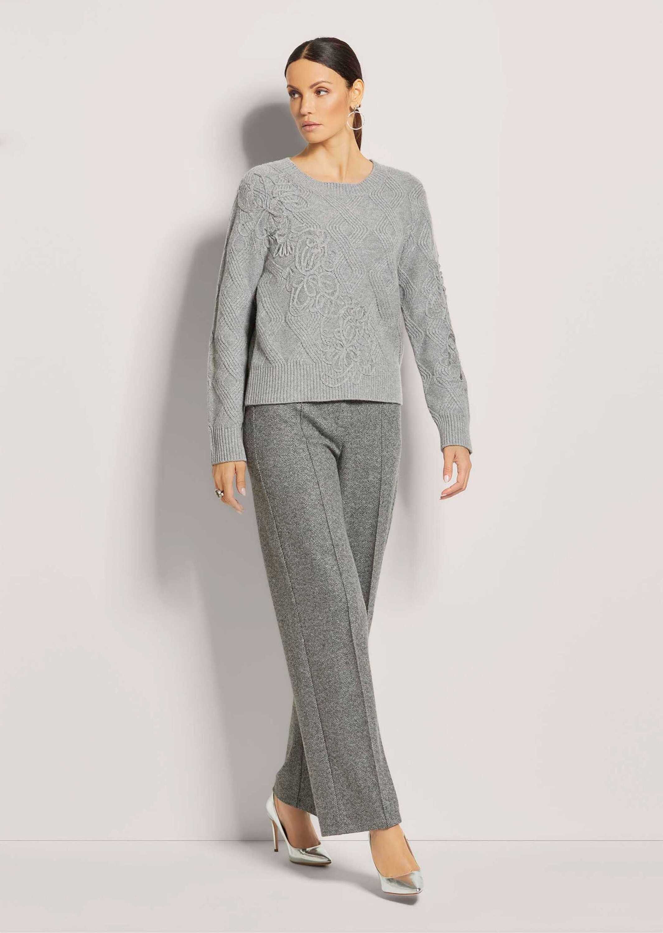 MADELEINE Strickpullover Rundhals-Wollpullover mit Kordelstickerei Schurwol günstig online kaufen