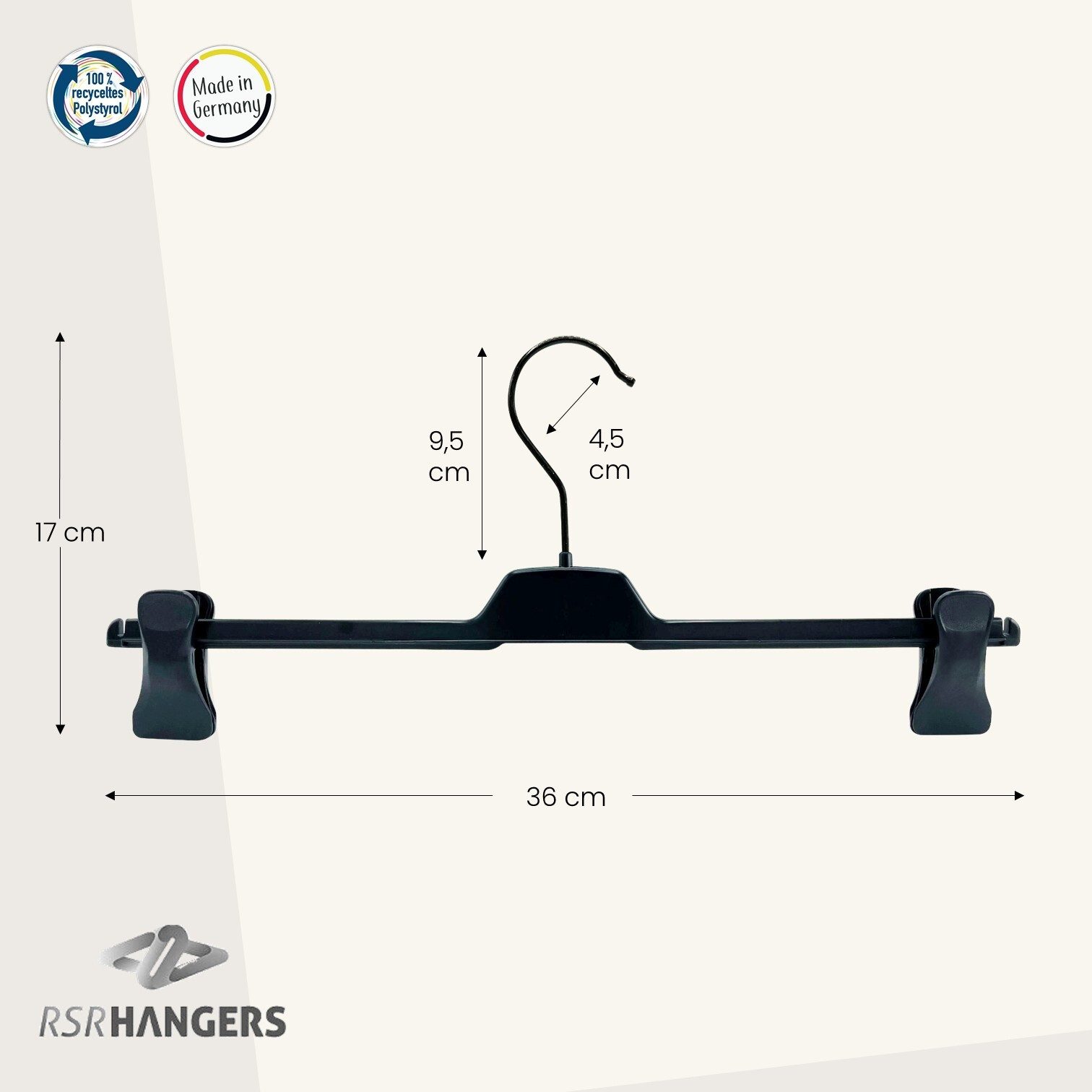 RSR Hangers Kleiderbügel Hosenbügel PUC 36 cm Hosenspanner Kleiderbügel Black Edition, (20-tlg)
