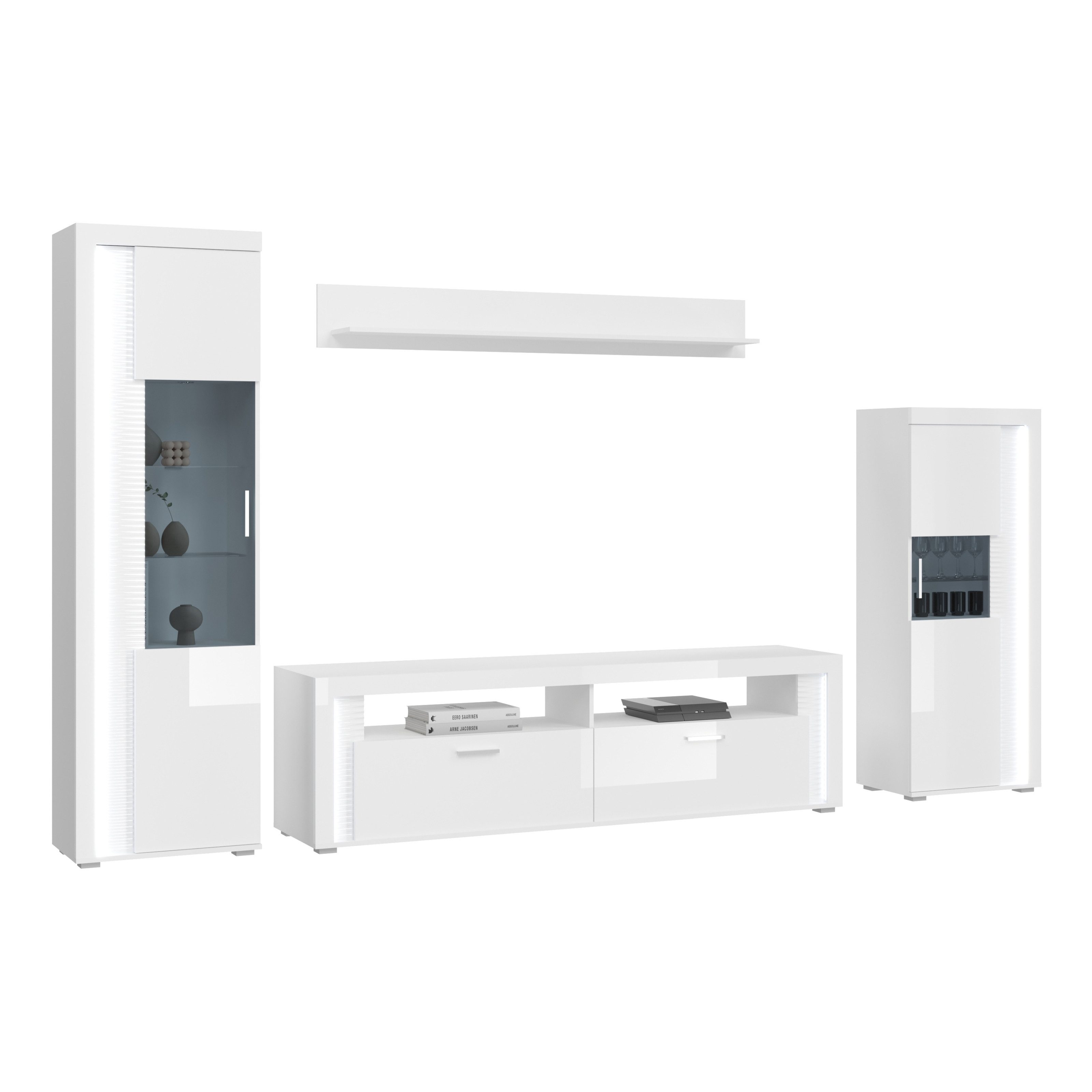 furnling Wohnzimmer-Set Stanley, (4-St., Lowboard, Wandboard, Vitrine, Vitrine halbhoch), Breite 351 cm, Hochglanz Front, Frontbeleuchtung, Wohnzimmermöbel