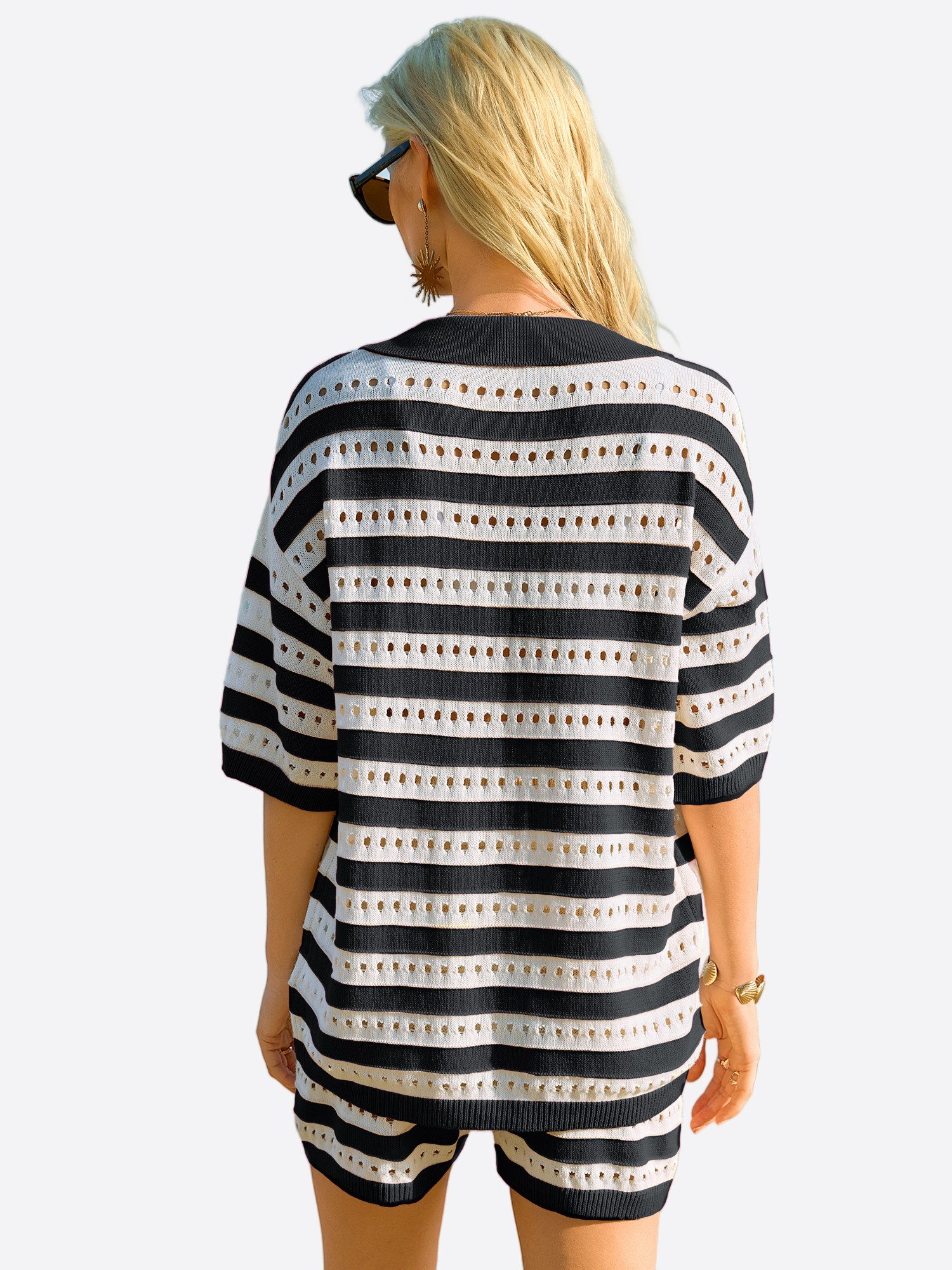 Imily Bela Hausanzug Damen Sommerliche 2-teilige Outfits (Set, 2 tlg., Strickhemd mit kurzen Ärmeln und Knöpfen + Shorts) Streifen