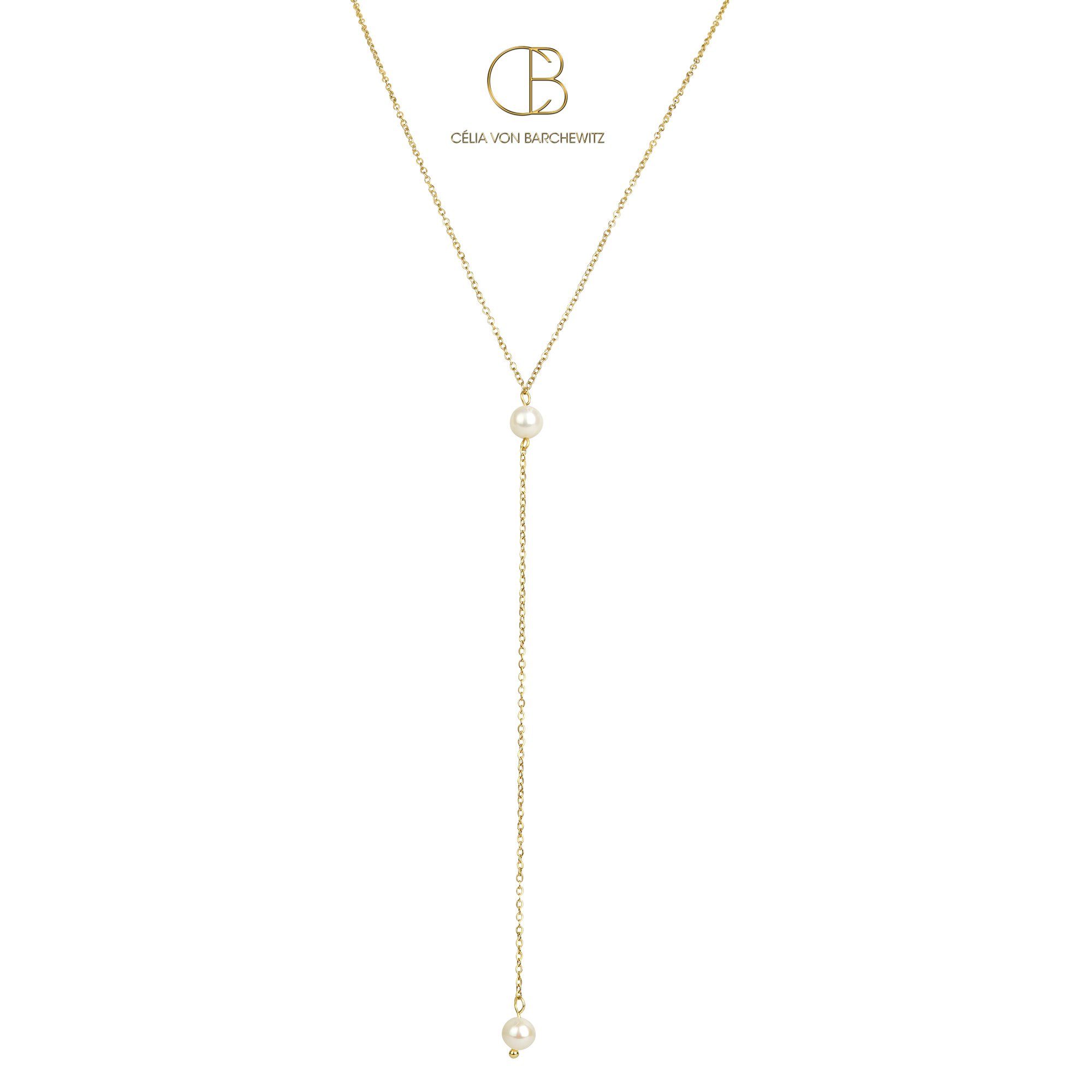 Celia von Barchewitz Perlenkette "PEARL PETITE" zarte Y-Kette mit 2 Süßwasser Zuchtperlen, 18k vergoldet, Länge von 44 - 49 cm verstellbar