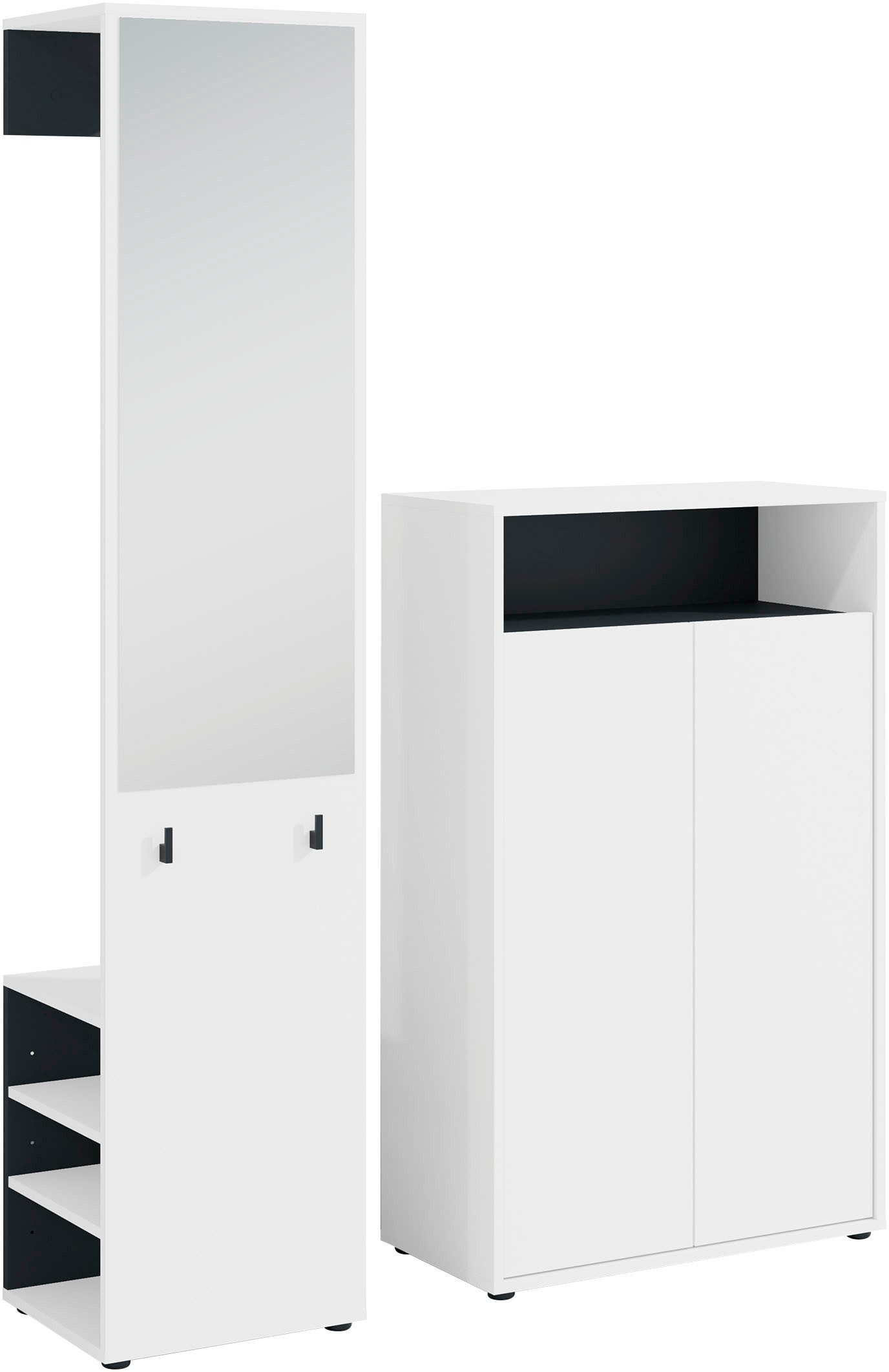 byLIVING Garderoben-Set Lyon, platzsparender Garderobenschrank mit großem Spiegel, (Set, 2-St., 2-teilig), und Schuhkommode für bis zu 18 Paar Schuhe