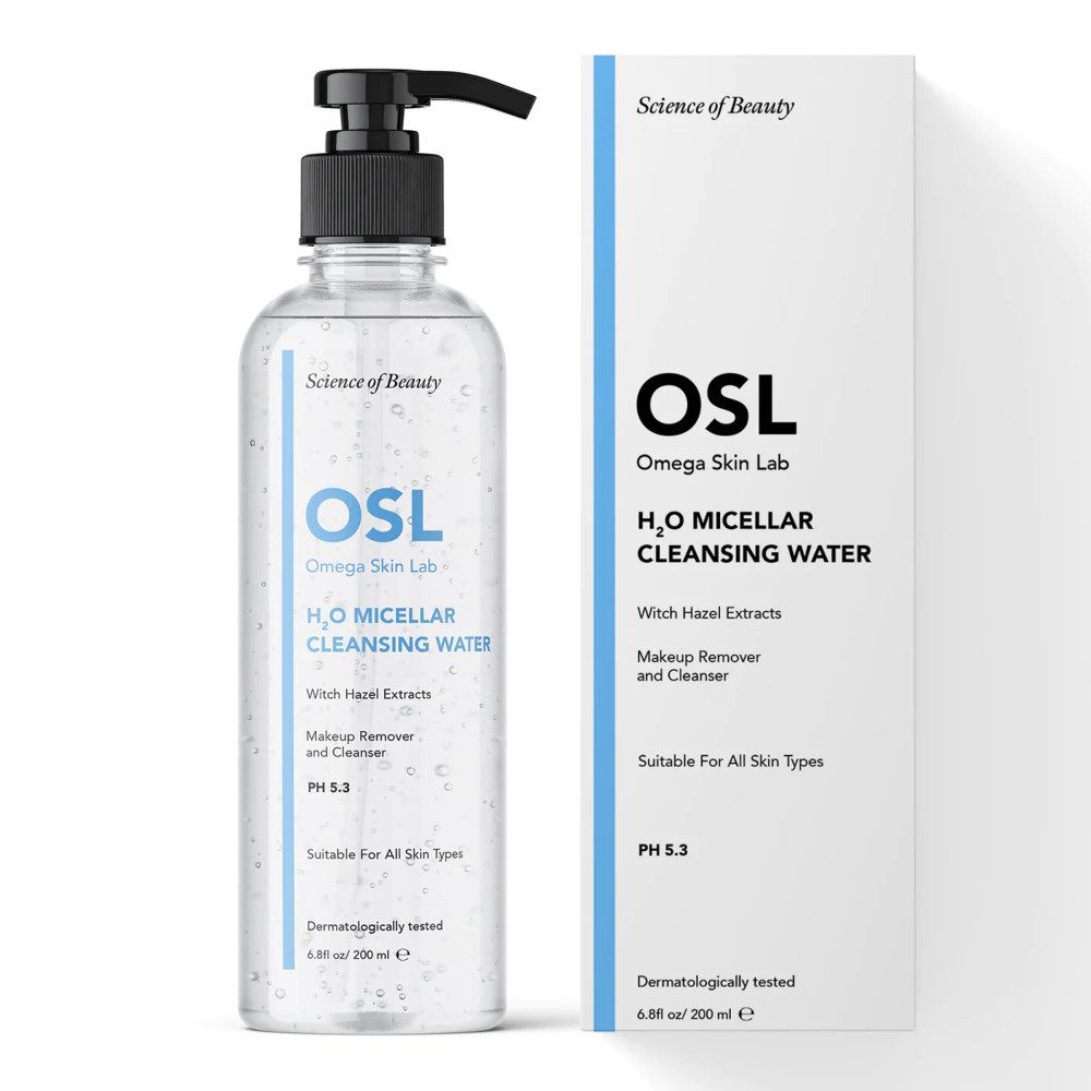 OSL Omega Skin Lab Augen-Make-up-Entferner OSL H2O Mizellen-Reinigungswasser 200 ml, täglicher Gesichtsreiniger m