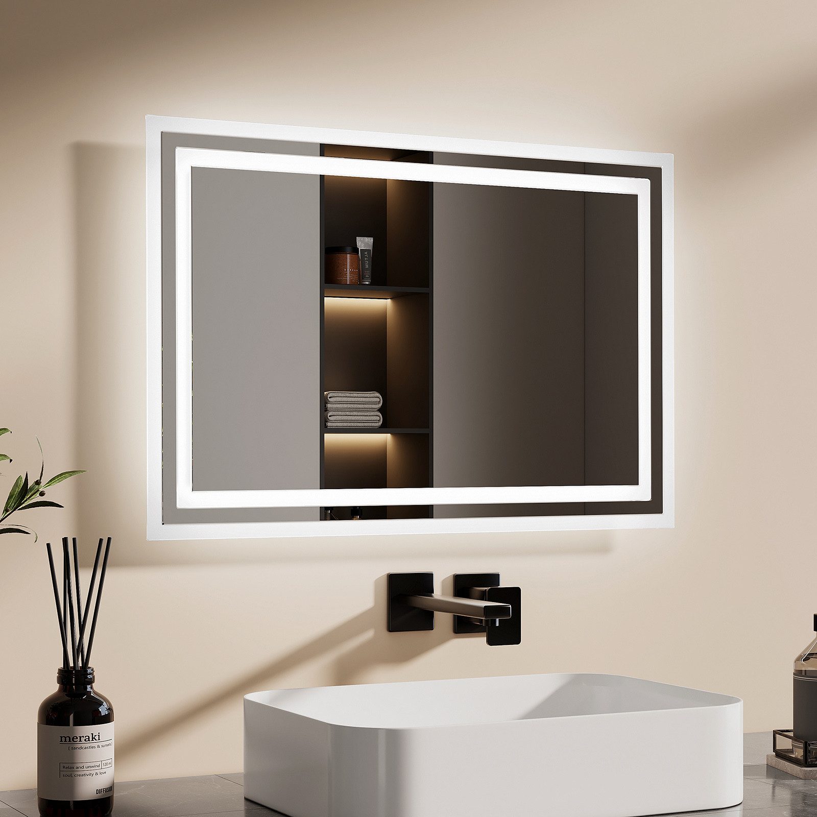 EMKE Badspiegel mit Druckknopfschalter Beleuchtung LED Badezimmerspiegel (M günstig online kaufen