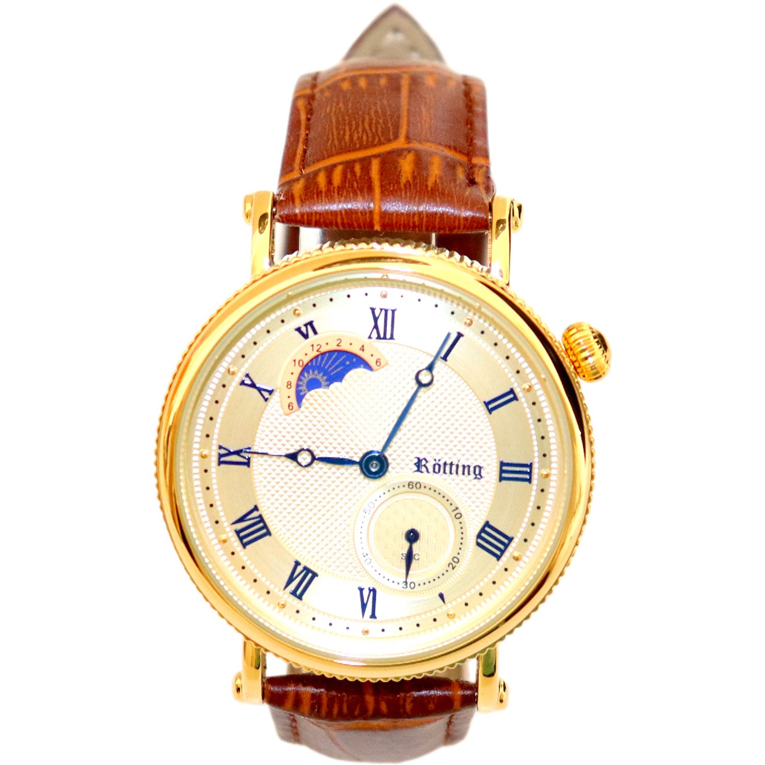Quarzuhr Herrenuhr goldfarb. Ziffernblatt Tag/Nacht Phasen braunes Lederarmband