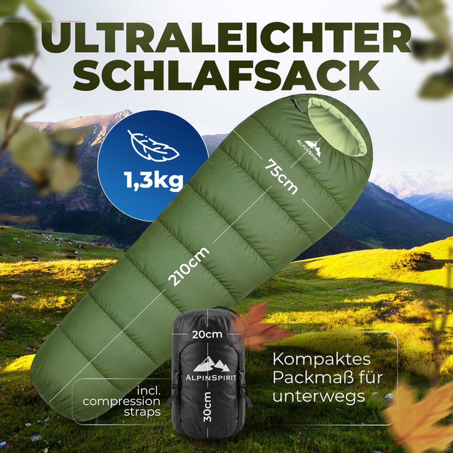 AlpinSpirit Mumienschlafsack [Ultraleicht] 3 Jahreszeiten Sommer & Winter, Packmaß, 210x75 cm (Festival, Trekking, Outdoor, Camping), 2 Wege Reißverschluss, 3 Jahreszeiten, Wasserabweisend