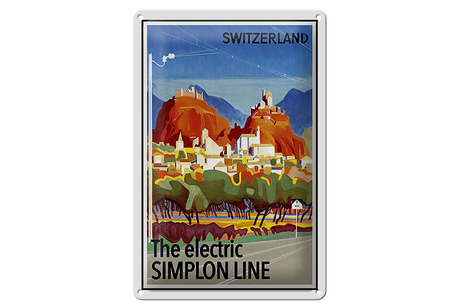 Femer GmbH Metallschild Reise 20x30 cm Schweiz The electric Simlon line, (1 St), gewölbte Oberfläche, abgerundete Ecken, umgeschlagene Kanten