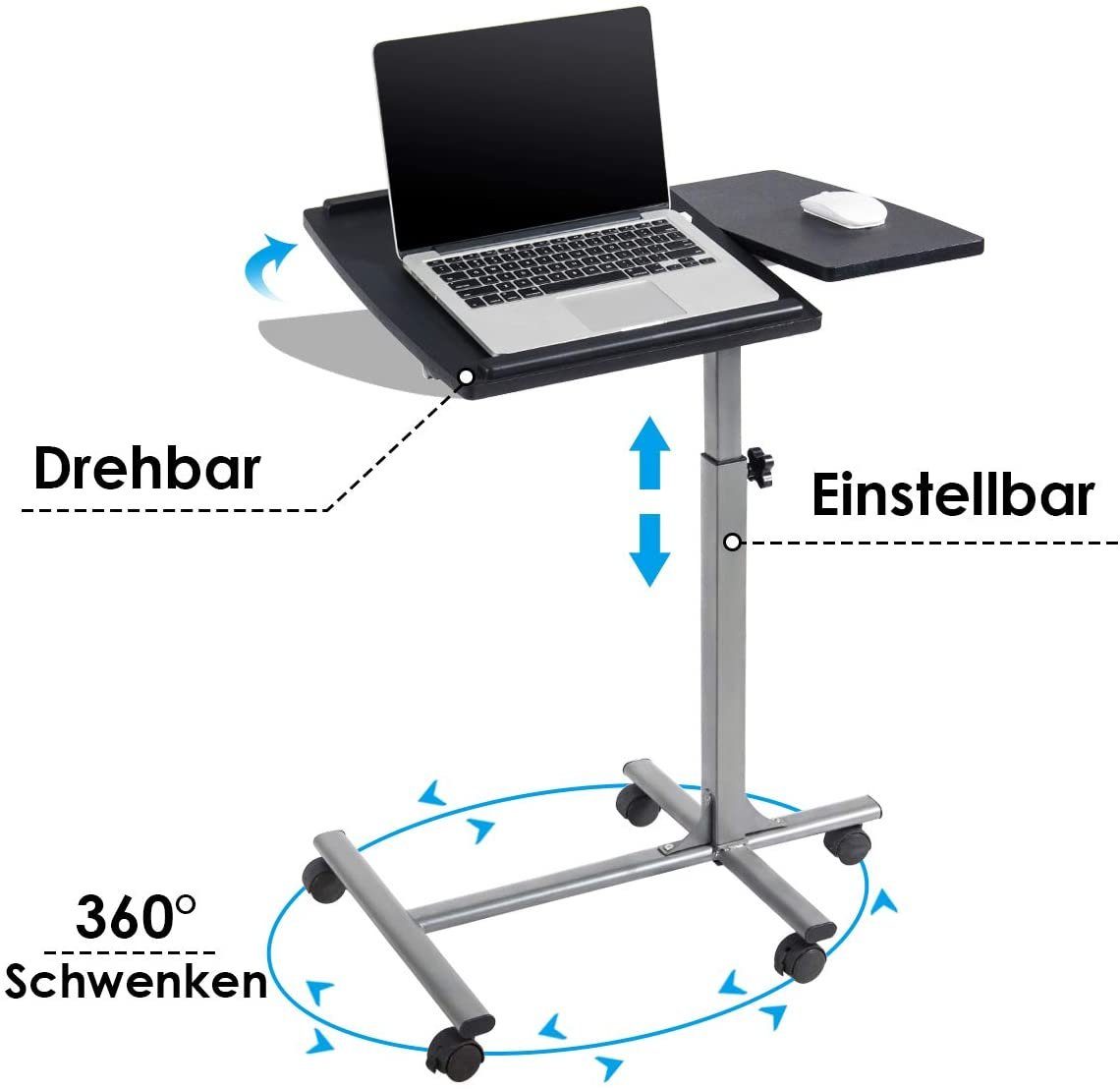 COSTWAY 5 Laptoptisch, Höhenverstellbar, Rollen, mit 71-91cm Bett,