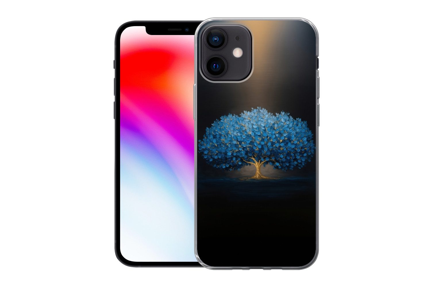 MuchoWow Handyhülle für Apple iPhone 12 Baum - Blau - Blätter - Pinselstriche, Smartphone-Bumper, Print, Handy Schutzhülle Dünn