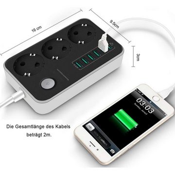 BlingBin Steckdosenleiste mit 3 fach 6 USB-Anschluss Steckdose 2500W Steckdosenleiste (USB-Anschlüsse, Kabellänge 1.6 m), Mehrfachsteckdose 3-fach Steckerleiste 6USB