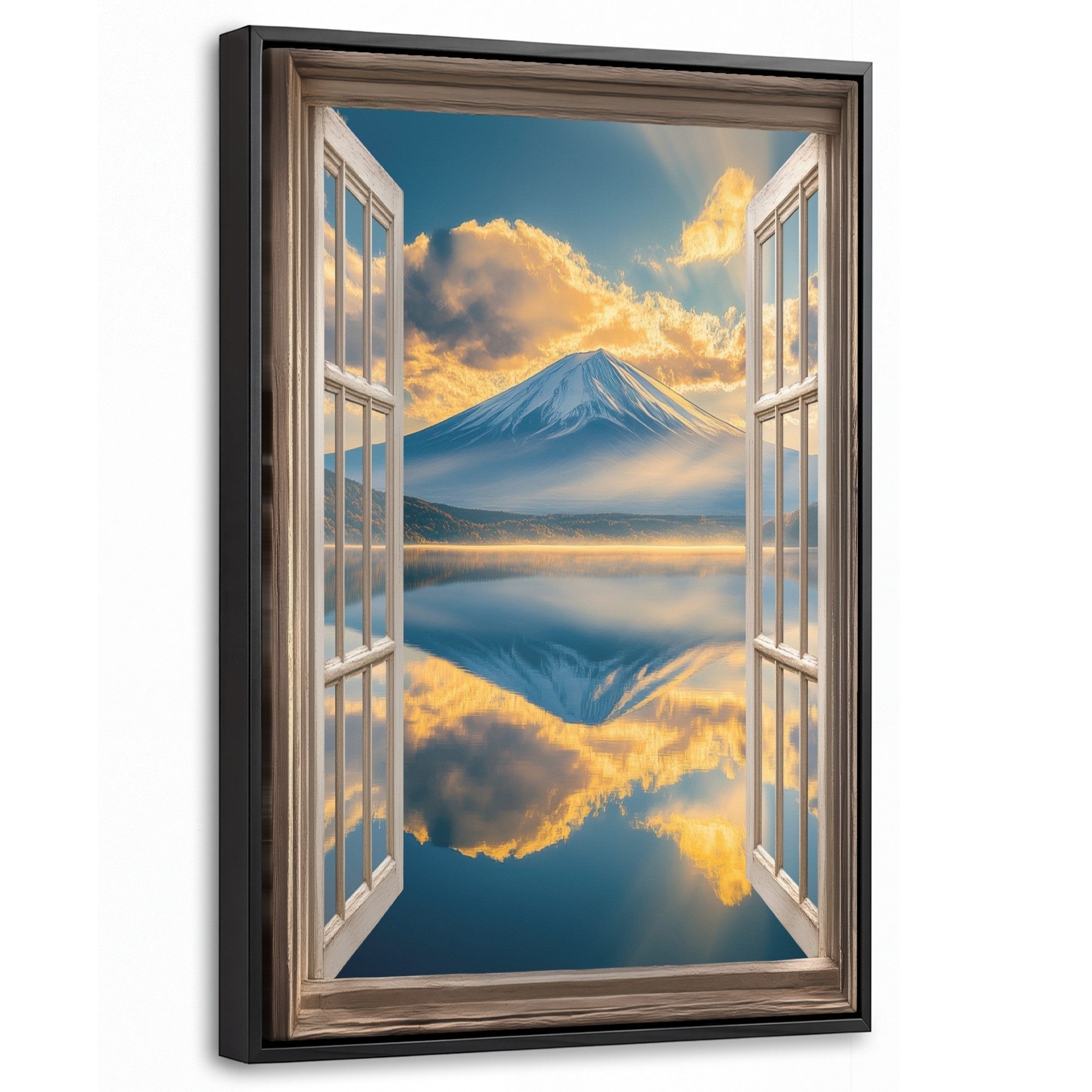 OneMillionCanvasses® Leinwandbild mit Rahmen - Aussicht - Landschaft - Berge - Ansichten - Fenster, Fotodruck (1 St), Deko für Wohnzimmer Schlafzimmer Küche 20x30cm