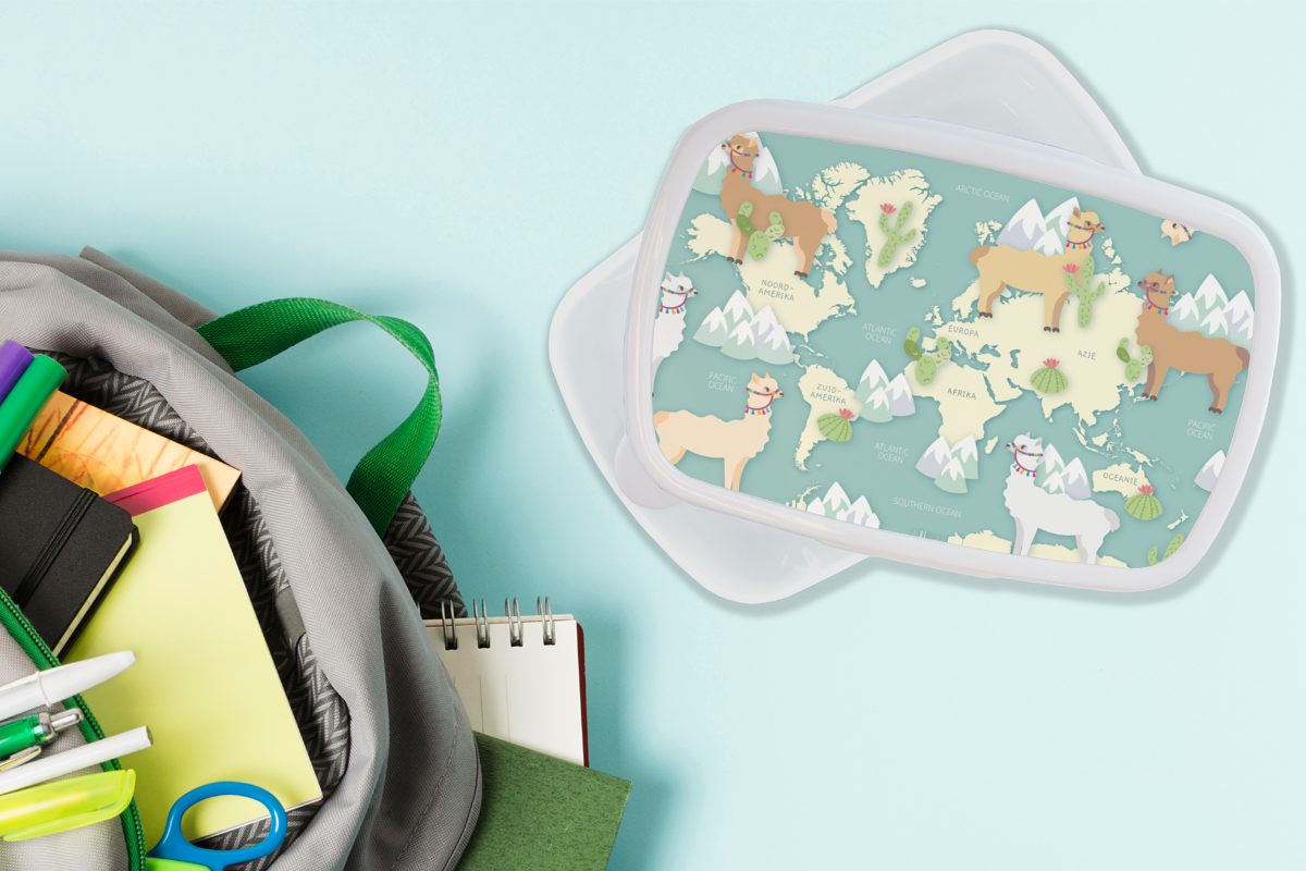MuchoWow Weltkarte weiß für Erwachsene, Brotbox Kunststoff, Mädchen Brotdose, und und Kinder für - (2-tlg), Berge, Alpaka Jungs - Lunchbox