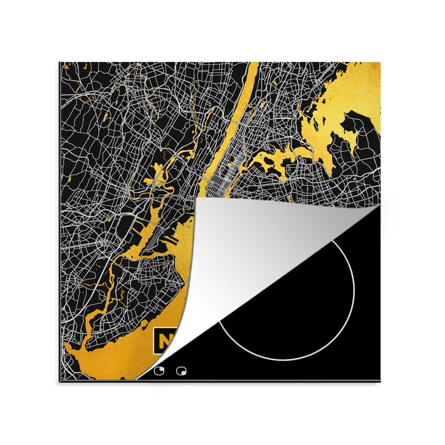 MuchoWow Herdblende-/Abdeckplatte Gold - Stadtplan - New York - Karte, Vinyl, (1 tlg), 78x78 cm, Ceranfeldabdeckung, Arbeitsplatte für küche
