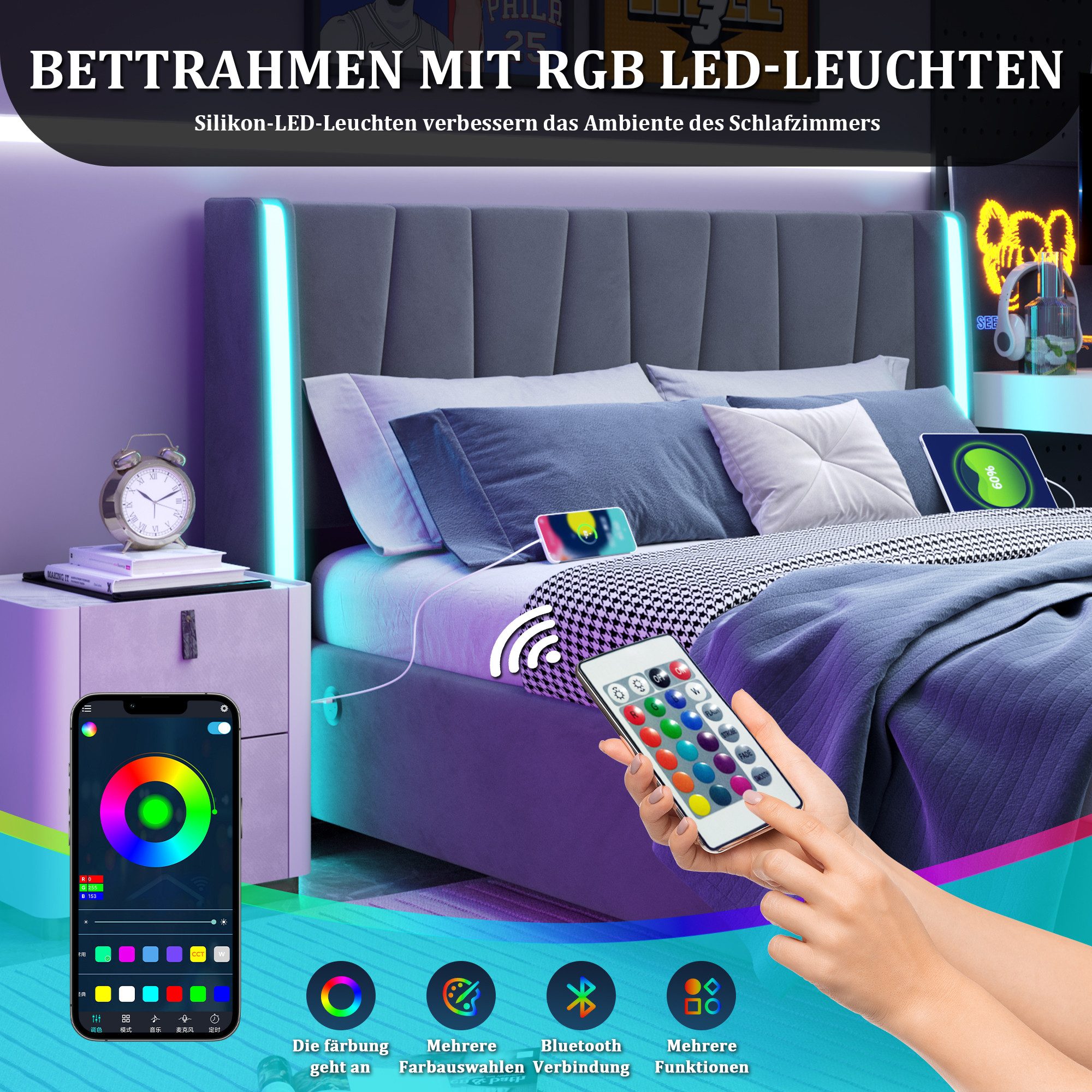 STILVORA Polsterbett Funktionsbett 140x200 mit USB-Anschlüsse,Doppelbett günstig online kaufen