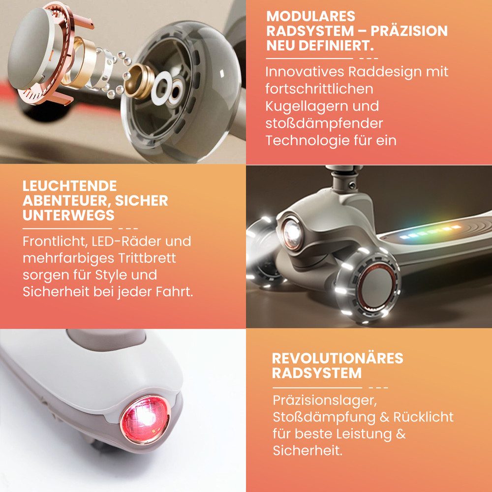 Habib Gruppe Dreiradscooter Kinderroller Premium LED Scooter 3-Rad, Frontlicht & Leucht-Deck