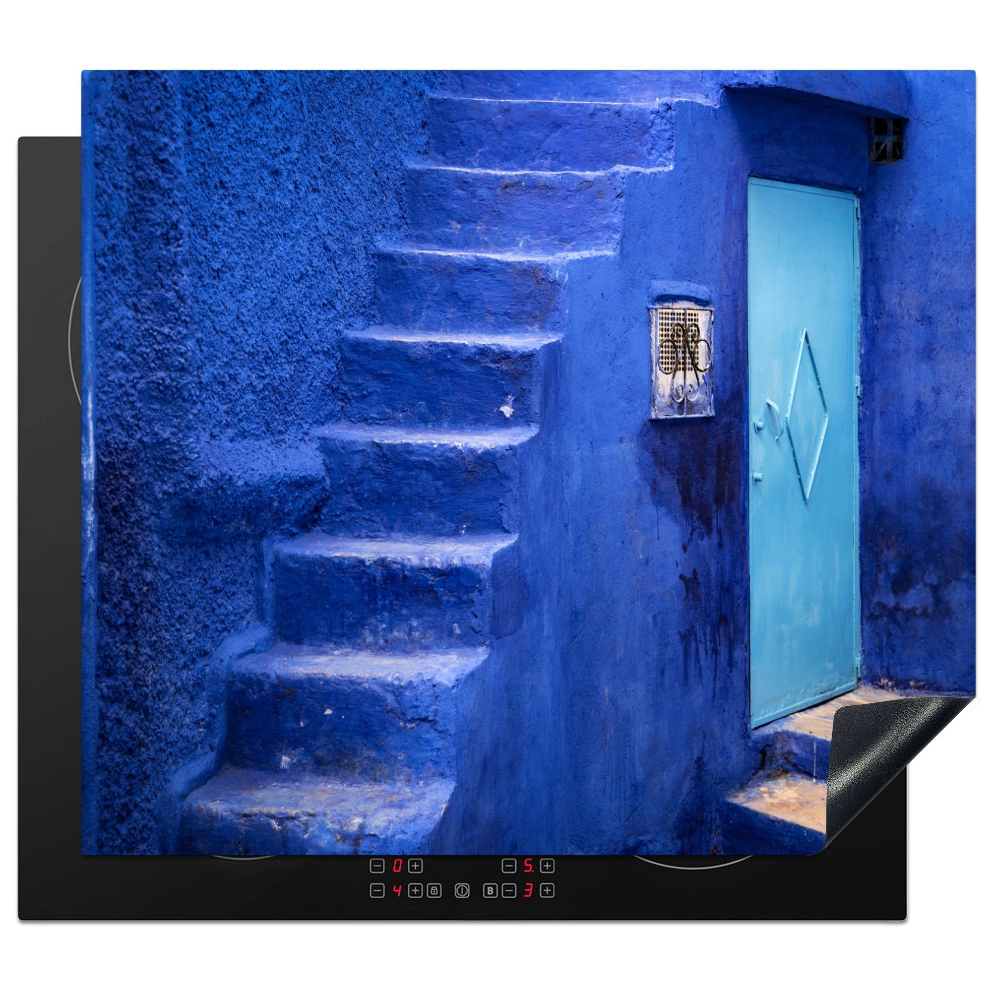 MuchoWow Herdblende-/Abdeckplatte Architektur - Blau - Treppe - Tür, Vinyl, (1 tlg), 60x52 cm, Mobile Arbeitsfläche nutzbar, Ceranfeldabdeckung