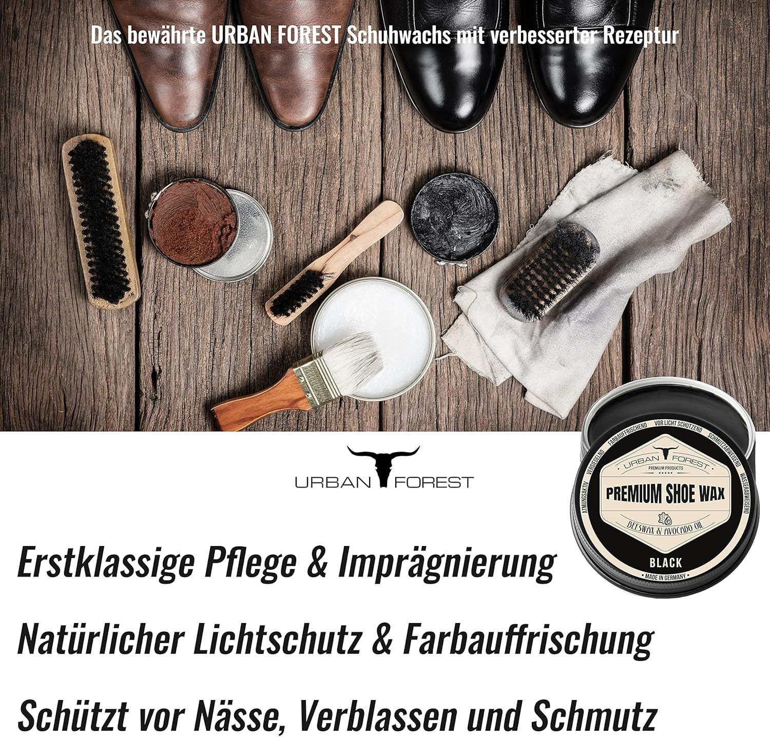 URBAN FOREST Schuhcreme Schuhwachs Braun mit Bienenwachs & Avocado-Öl 150ml Schuhcreme
