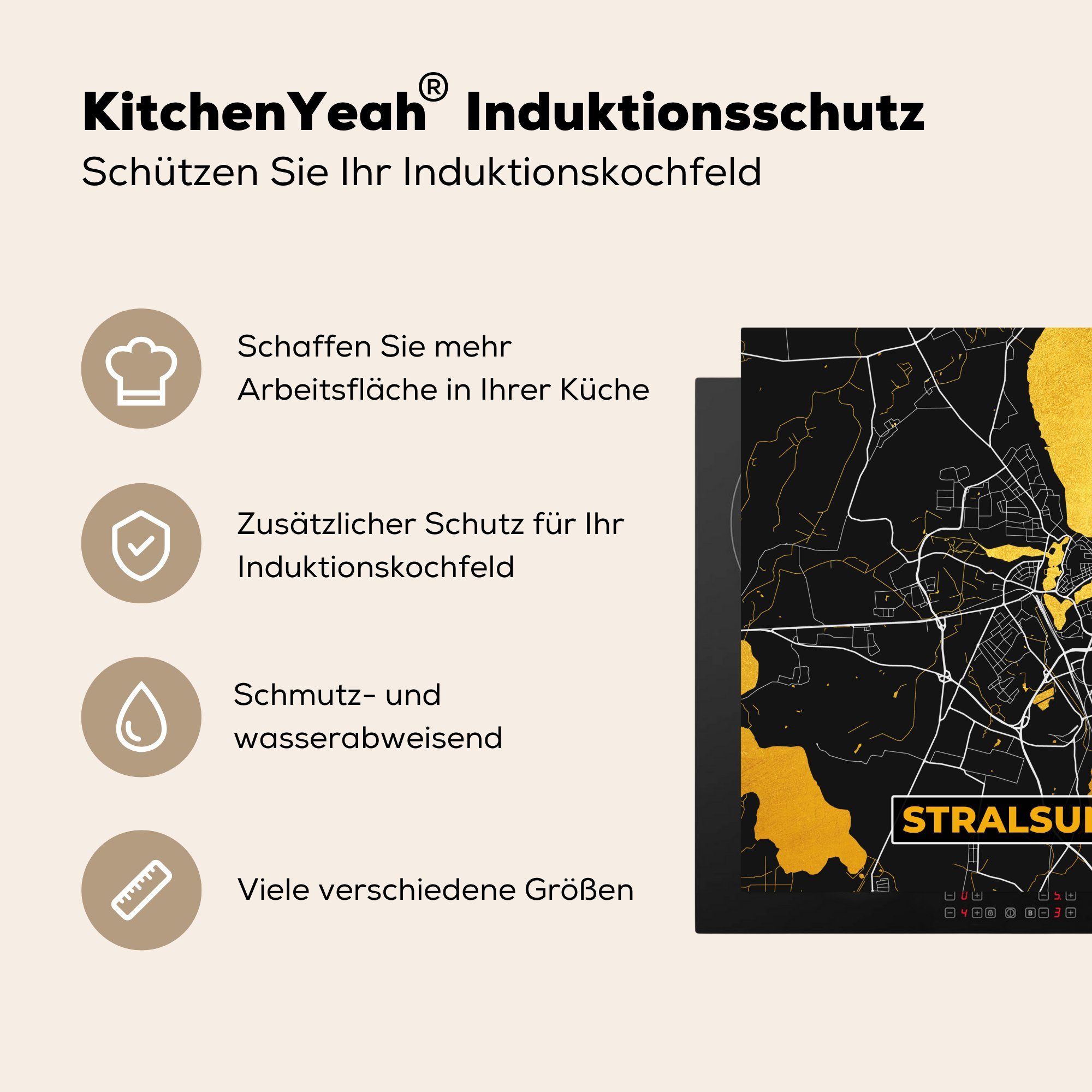 MuchoWow Herdblende-/Abdeckplatte Deutschland - Karte, Gold - Ceranfeldabdeckung, 78x78 und für Stadtplan - Arbeitsplatte küche Stralsund (1 tlg), Schwarz Vinyl, - cm