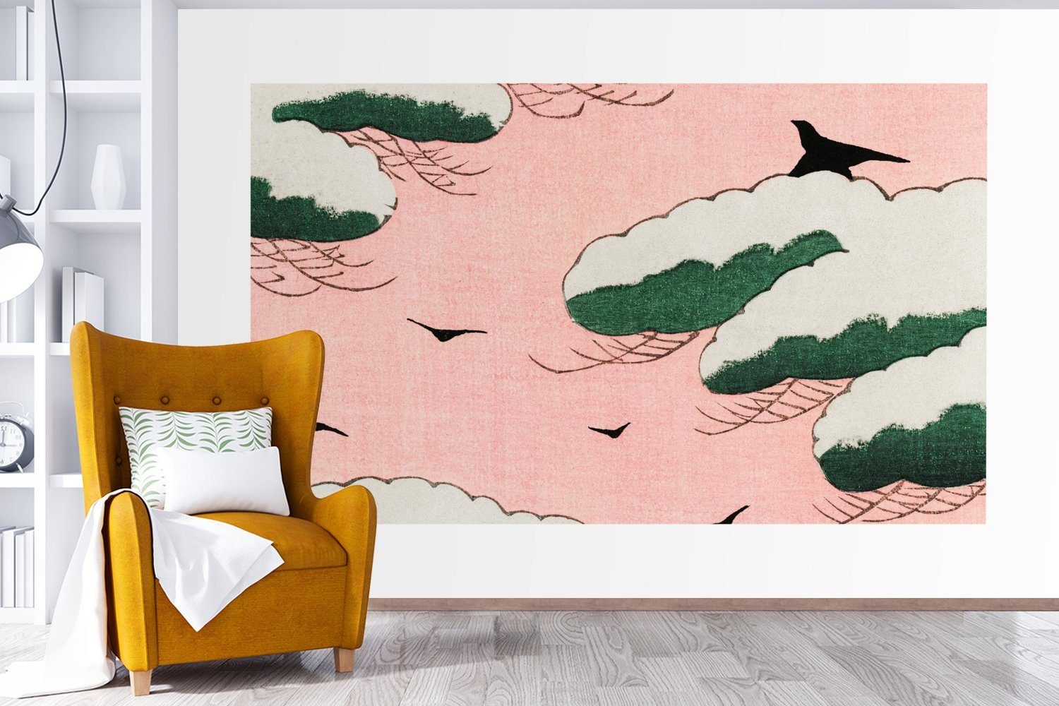 MuchoWow Fototapete Wolken - Vogel St), bedruckt, Skandinavisch, Tapete - Vinyl Wohnzimmer, Schlafzimmer, - (6 Retro Kinderzimmer, Japanisch Matt, Wallpaper - für