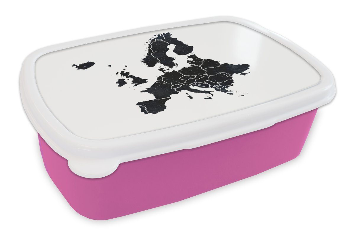 MuchoWow Lunchbox Kunststoff für Brotbox Kinder, von (2-tlg), Mädchen, Erwachsene, Aquarellfarbe Kunststoff, Europa Brotdose - rosa Schwarz, - Snackbox, Karte