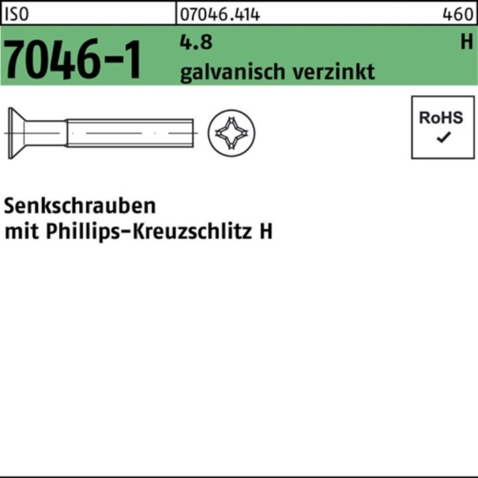 PH ISO 7046-1 Pack 200er Senkschraube M3x14-H galv.verz. 200St. Reyher IS 4.8 Senkschraube