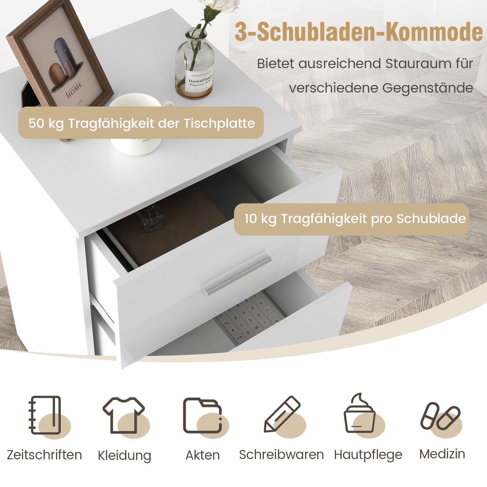 COSTWAY Nachttisch (1-St), mit 3 Schubladen, Büroschrank Beistelltisch 37x34x66,5cm
