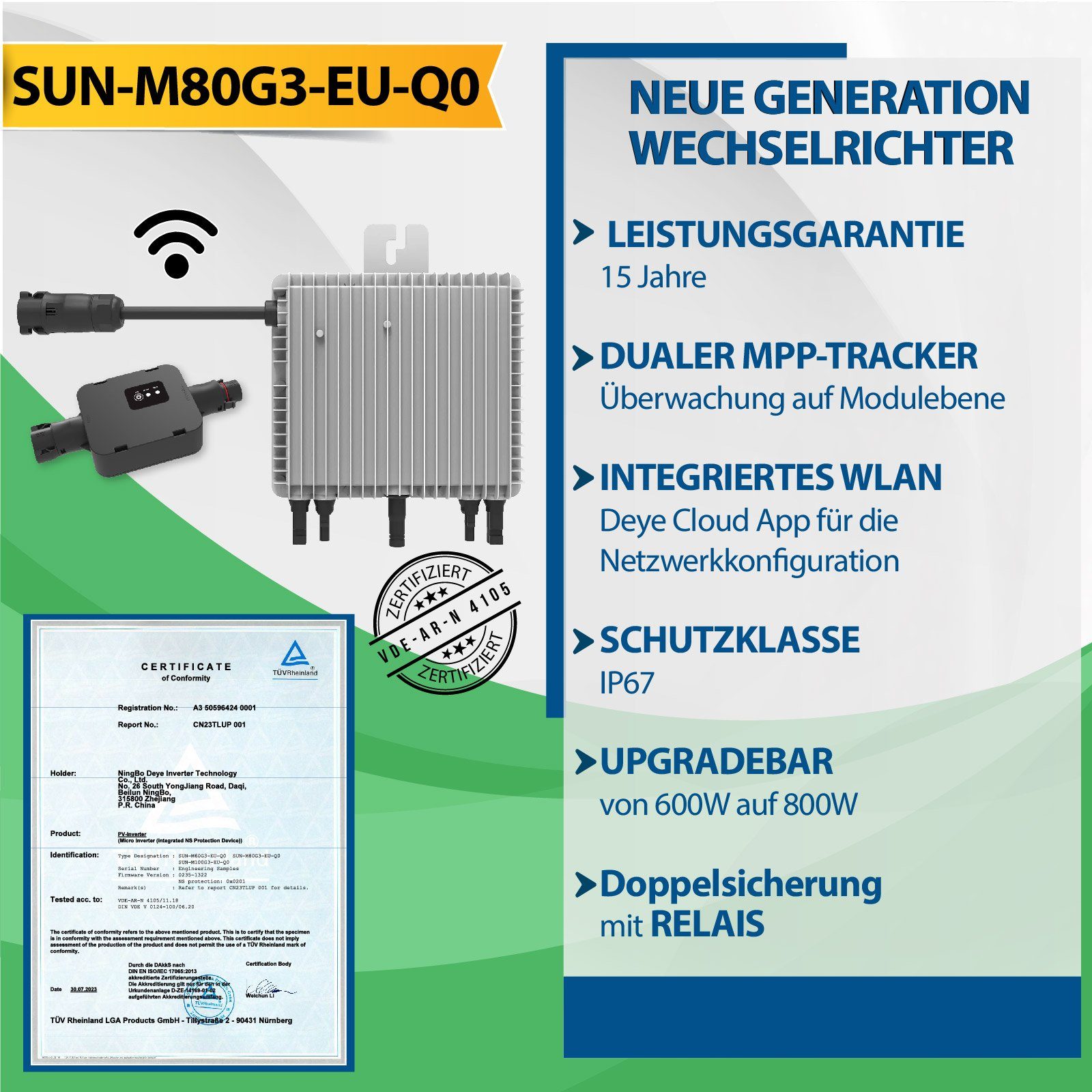 800W Neu Wechselrichter Basis mit Solaranlage Generation Relais WIFI Balkonkraftwerk Süd 830W Aufständerung Komplettset Campergold PV-Montage, Deye