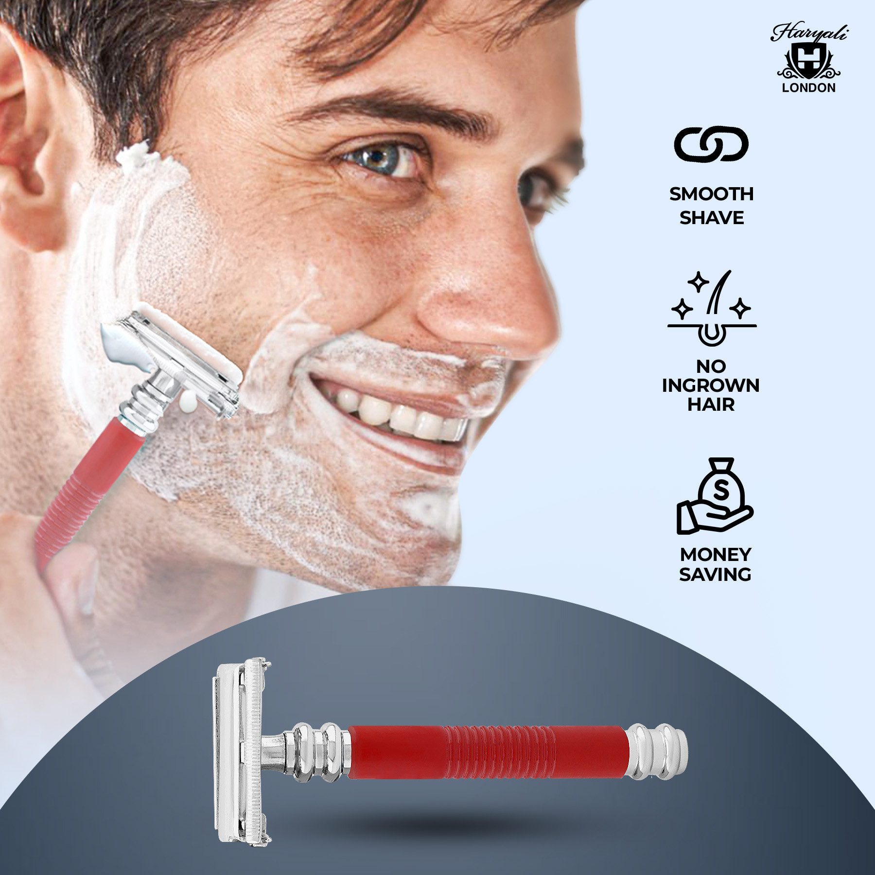 Haryali London Nassrasierer Butterfly DE Rasierhobel für Unisex, rutschfest, metallic rot, Pack, Rutschfester Nassrasierer aus Messing-Silber mit zwei Ersatzklingen, Geeignet für alle Arten von zweischneidigen Rasierhobelklingen