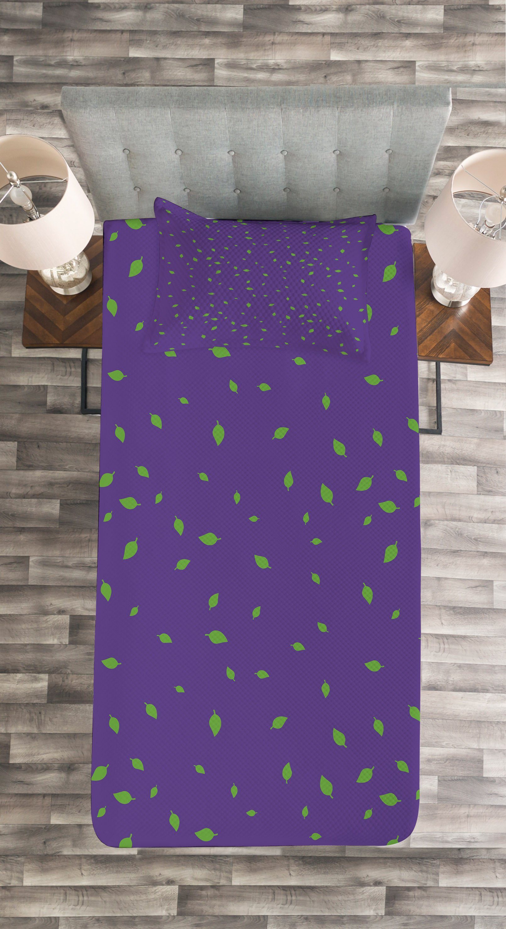 Tagesdecke Set mit Kissenbezügen Lila Birken-Blätter-Motiv Abakuhaus, Waschbar, und Grün