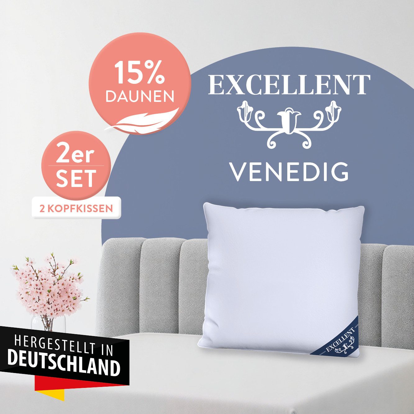 Excellent Kopfkissen Venedig, Kuschel- oder Kopfkissen 1-tlg. oder 2 -tlg., Daunen & Federn, Füllung: 85% Federn / 15% Daunen, Bezug: 100% Baumwolle, Seitenschl – Bild 2 von 5