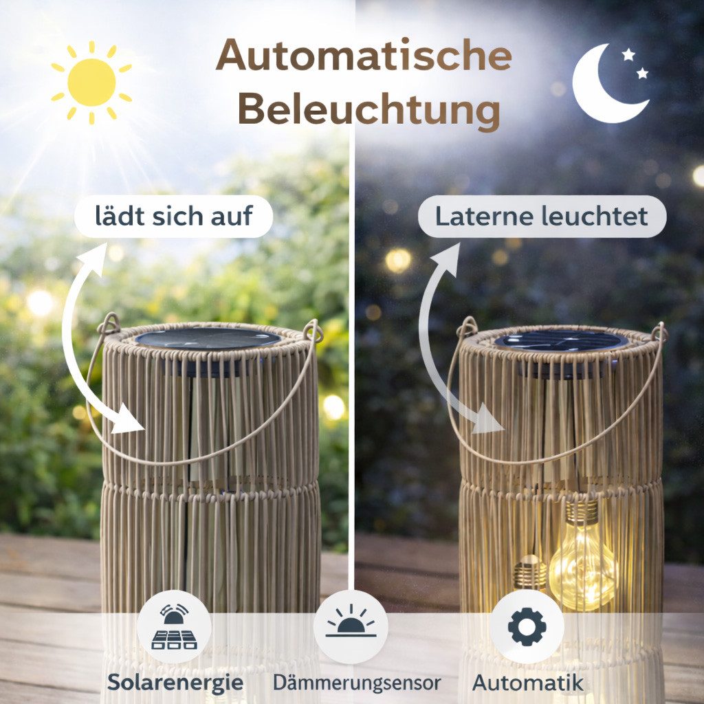 formano LED Laterne Solarlaterne Garten Rattan-Look Laterne 3 LED Birnen 45cm Solar IP44, LED fest integriert