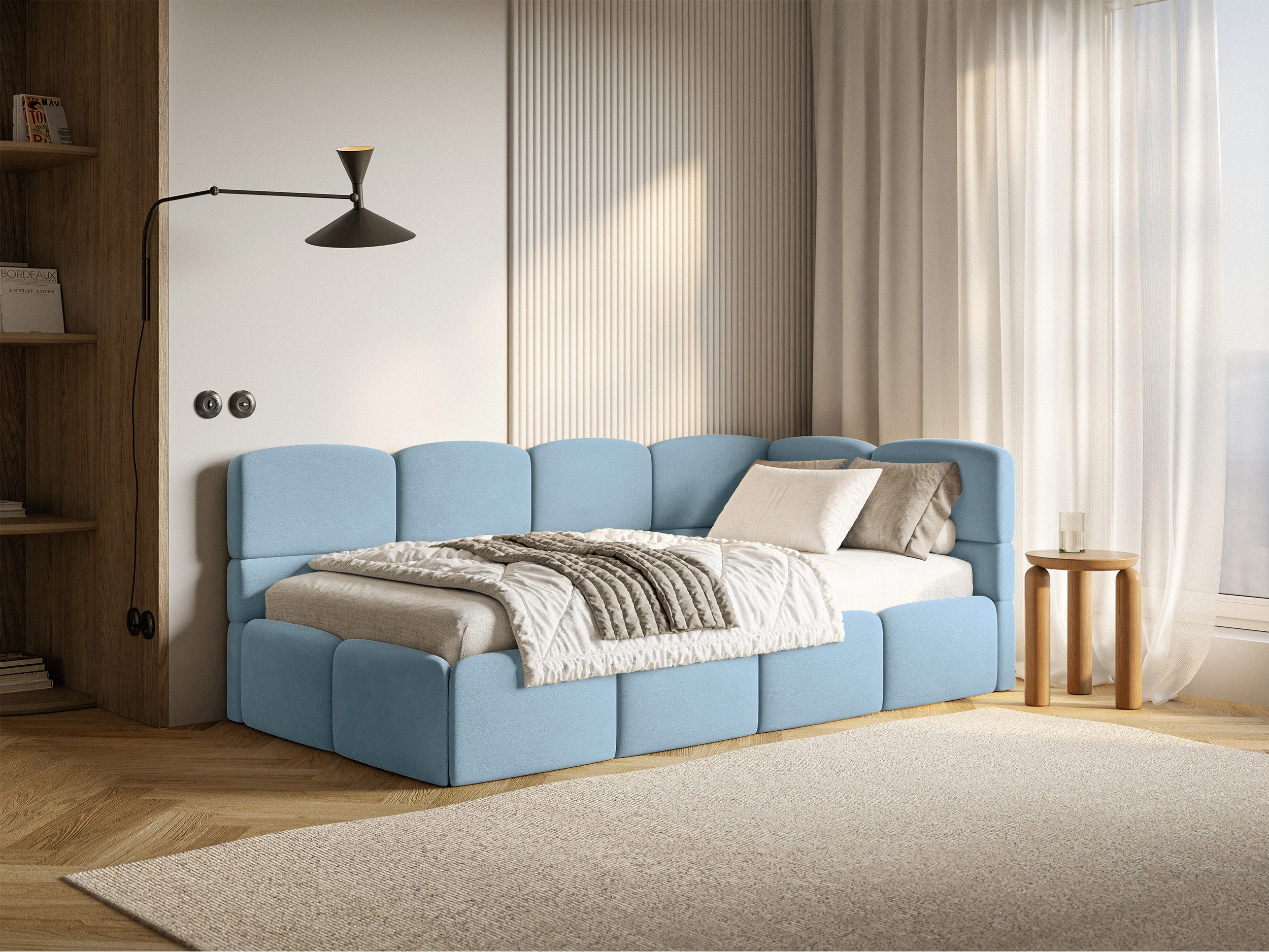 Selsey Jugendbett CLOUDY, Eck-Kopfteil, Matratze & Bettkasten, Easy-Clean-Samt, 90x200 cm