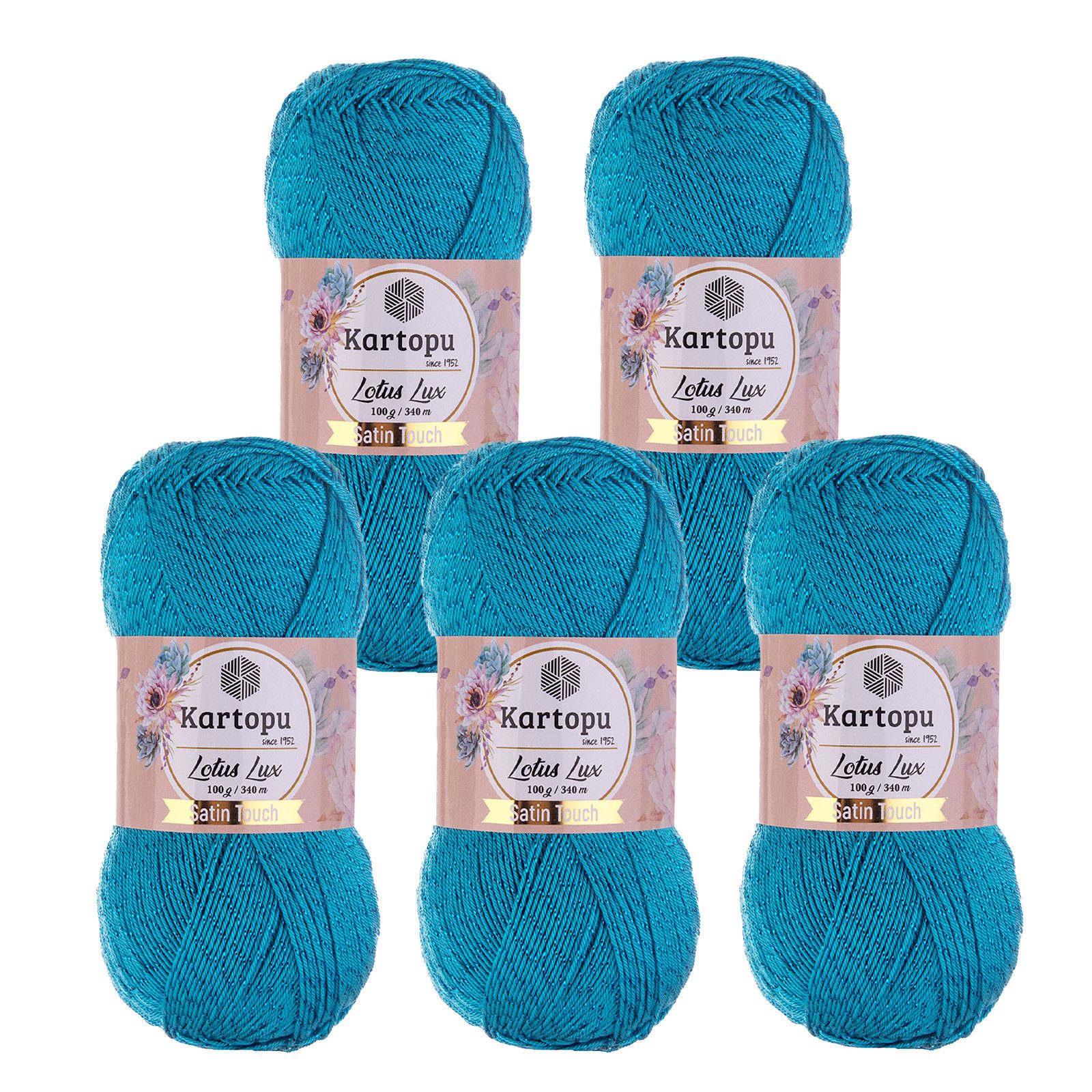 Kartopu 5 x 100g Glitzerwolle Kartopu Lotus Lux Unifarben Häkelwolle, 340 m, K512 türkisblau
